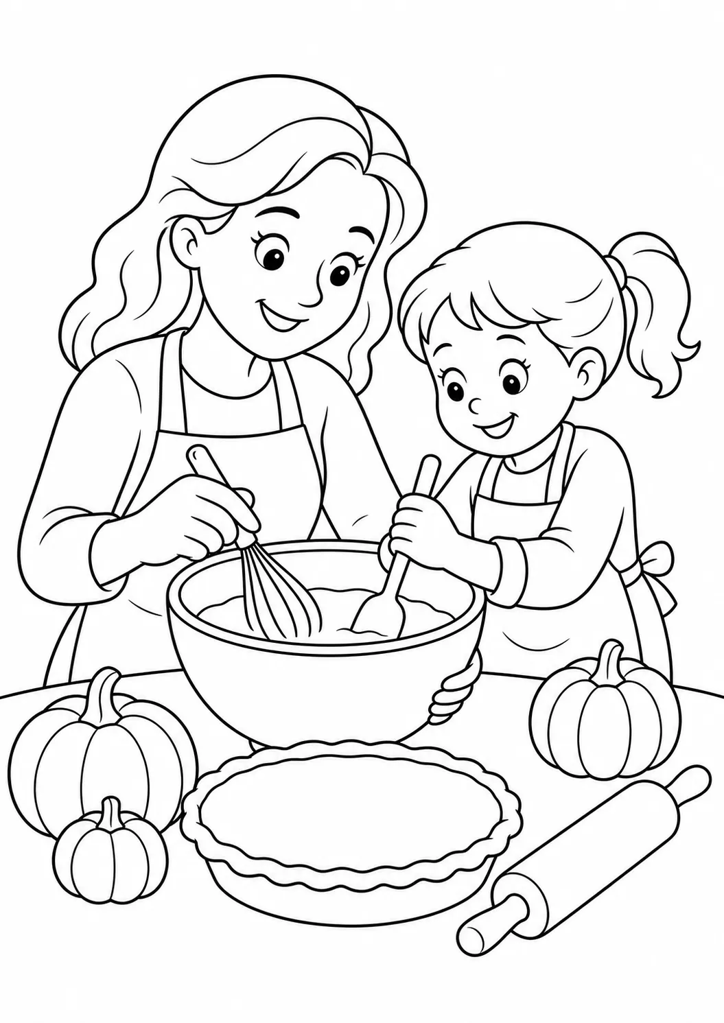 Baking Thanksgiving pies together free printable coloring page