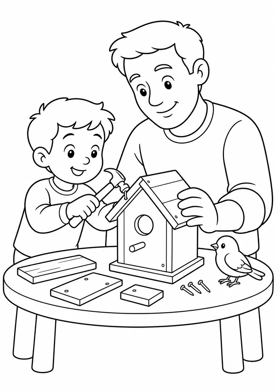 Tranh tô màu Ngày của Cha miễn phí có thể in hình cùng cha làm nhà chim