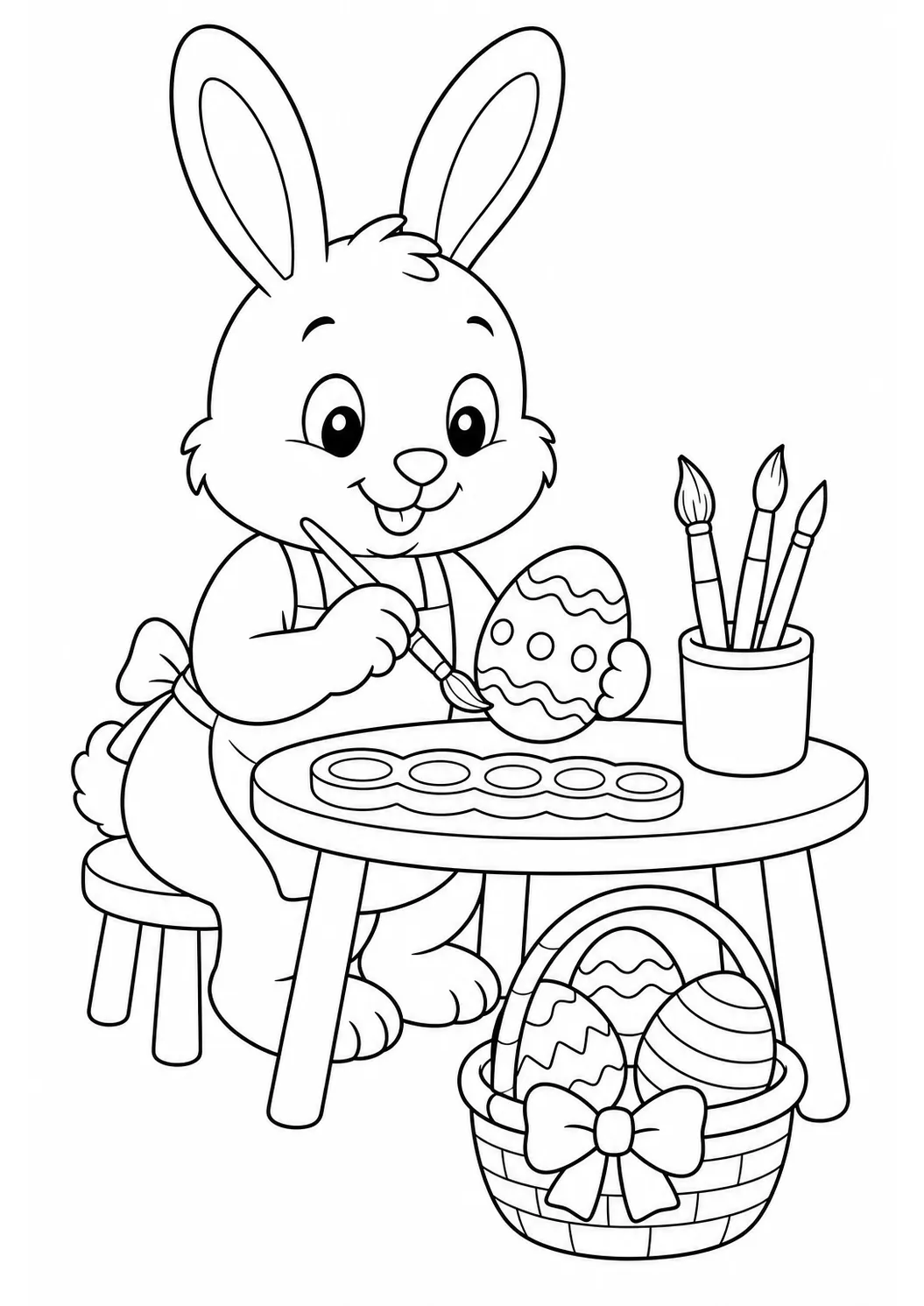 Coloriage de Pâques gratuit à imprimer : lapin décorant un œuf