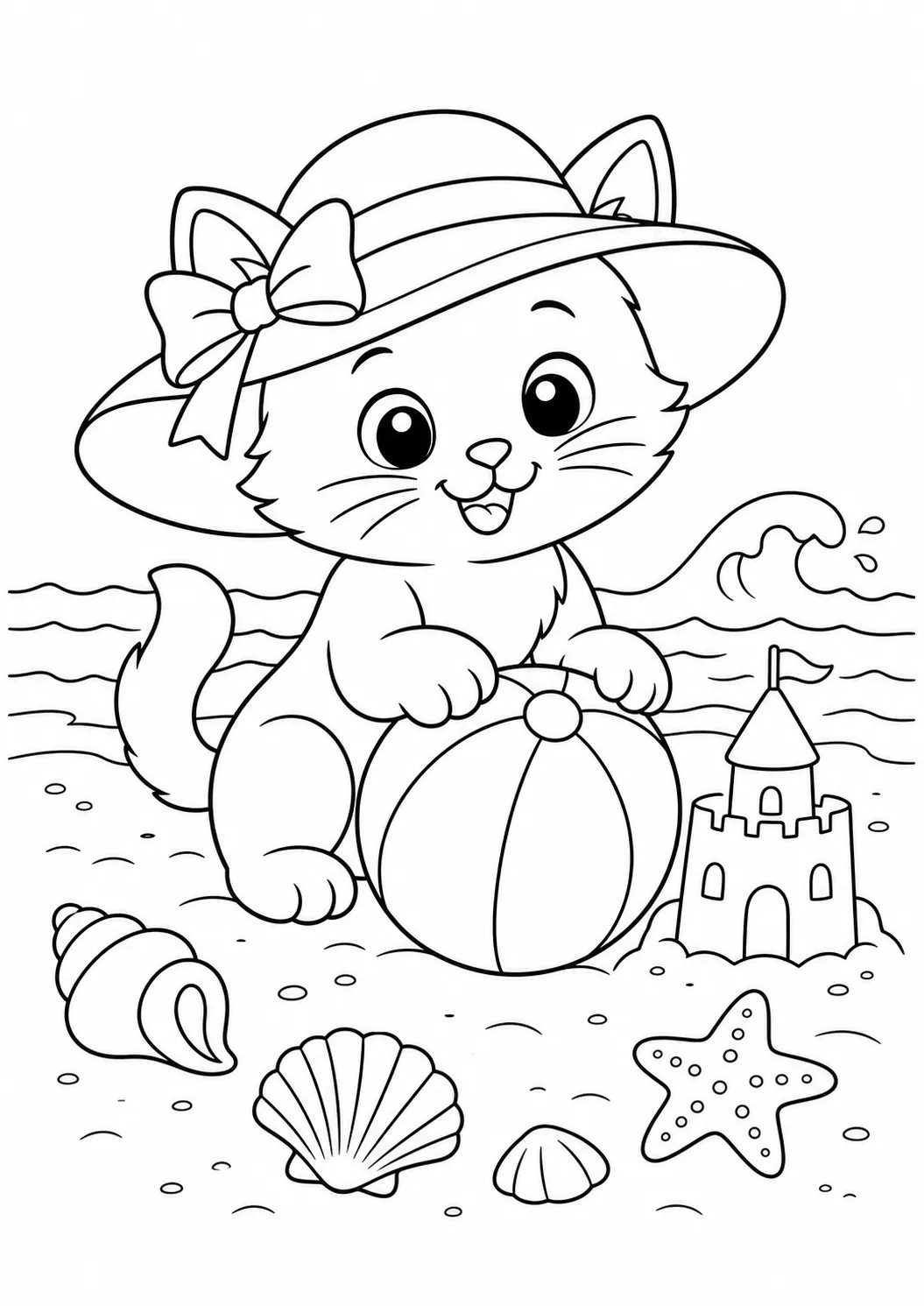 Cat beach holiday free printable cat coloring page