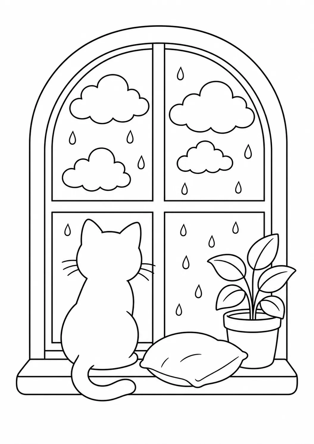 Cat watching rain by the window free printable cat coloring page