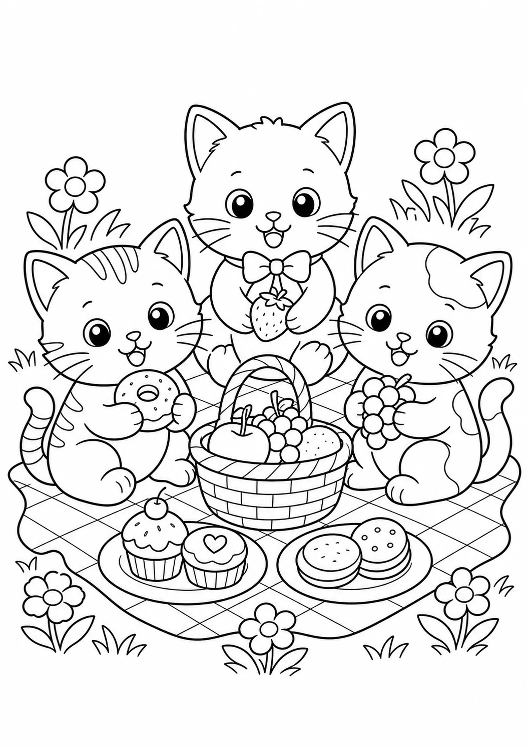 Cat friends picnic free printable cat coloring page