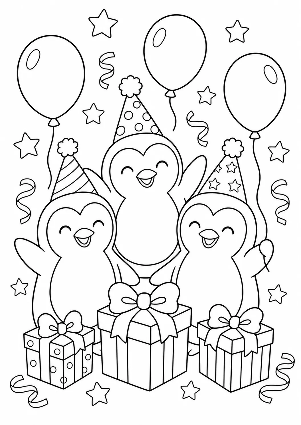 Penguin New Year Party Free Printable Coloring Page