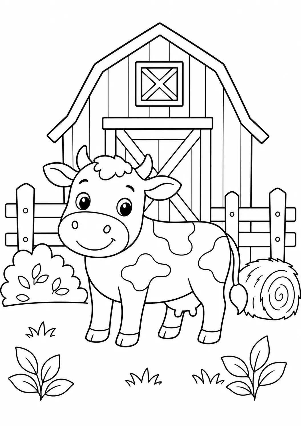 Cow in front of a barn free printable cow coloring page