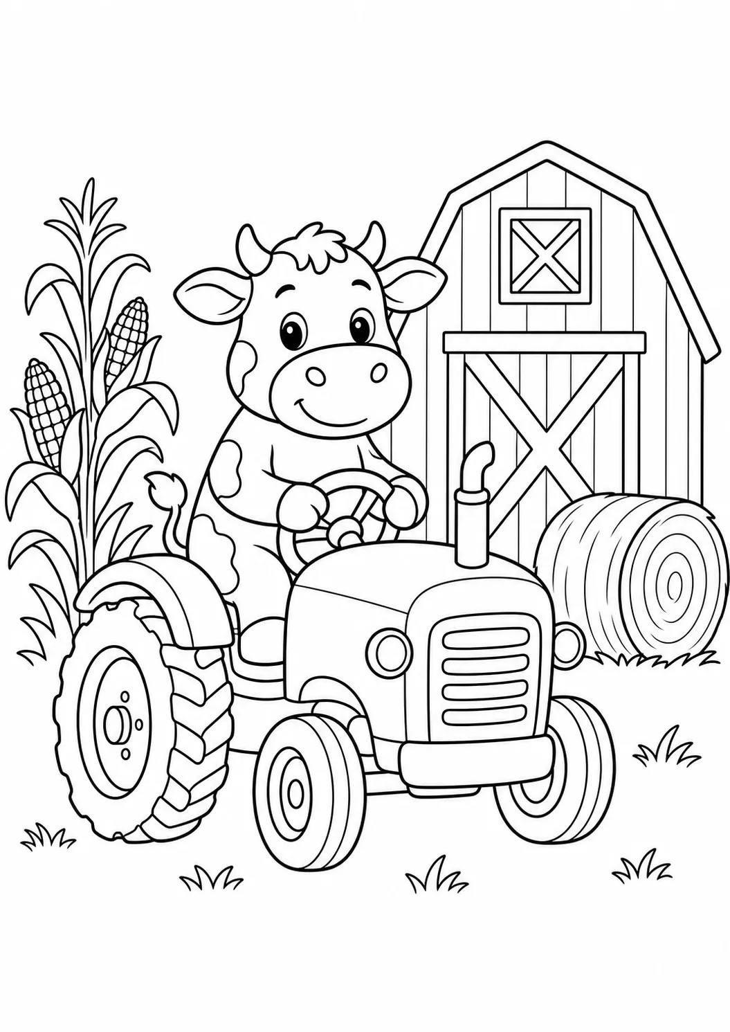 Cow and farm tractor free printable cow coloring page
