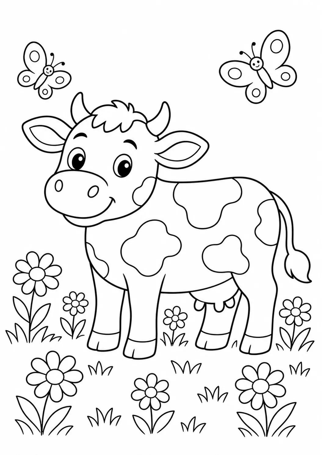 Cow in a flower meadow free printable cow coloring page