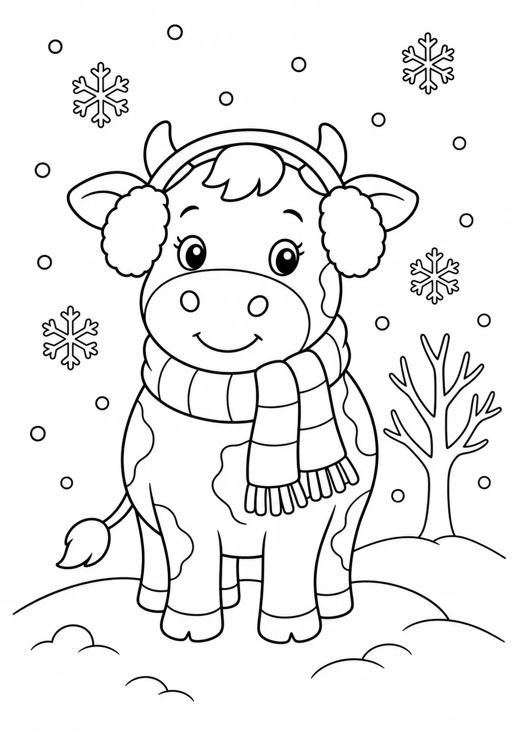 Cow with a winter scarf free printable cow coloring page