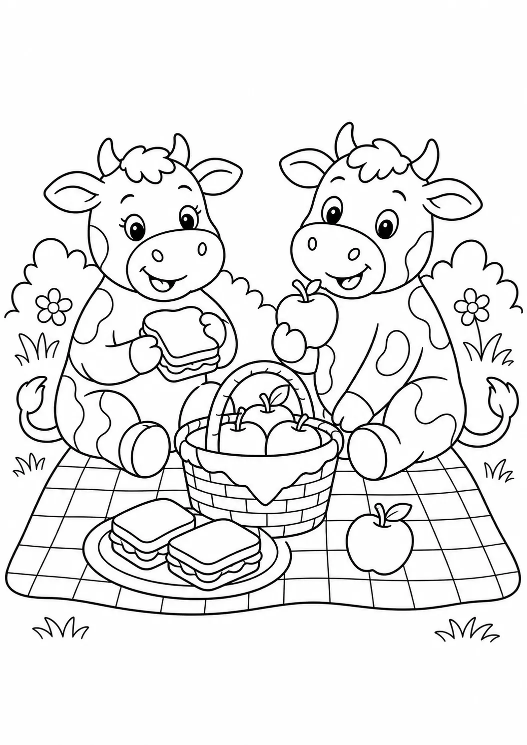 Cow friends having a picnic free printable cow coloring page