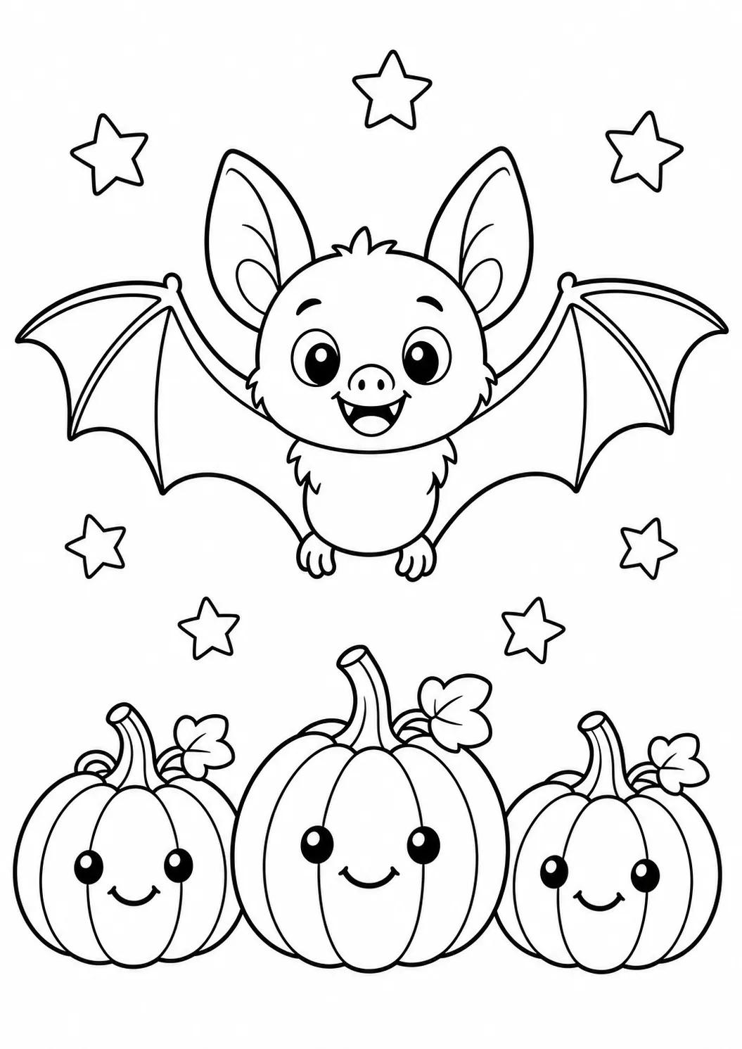 Kleine Fledermaus im Kürbisfeld – kostenloses druckbares Halloween-Ausmalbild
