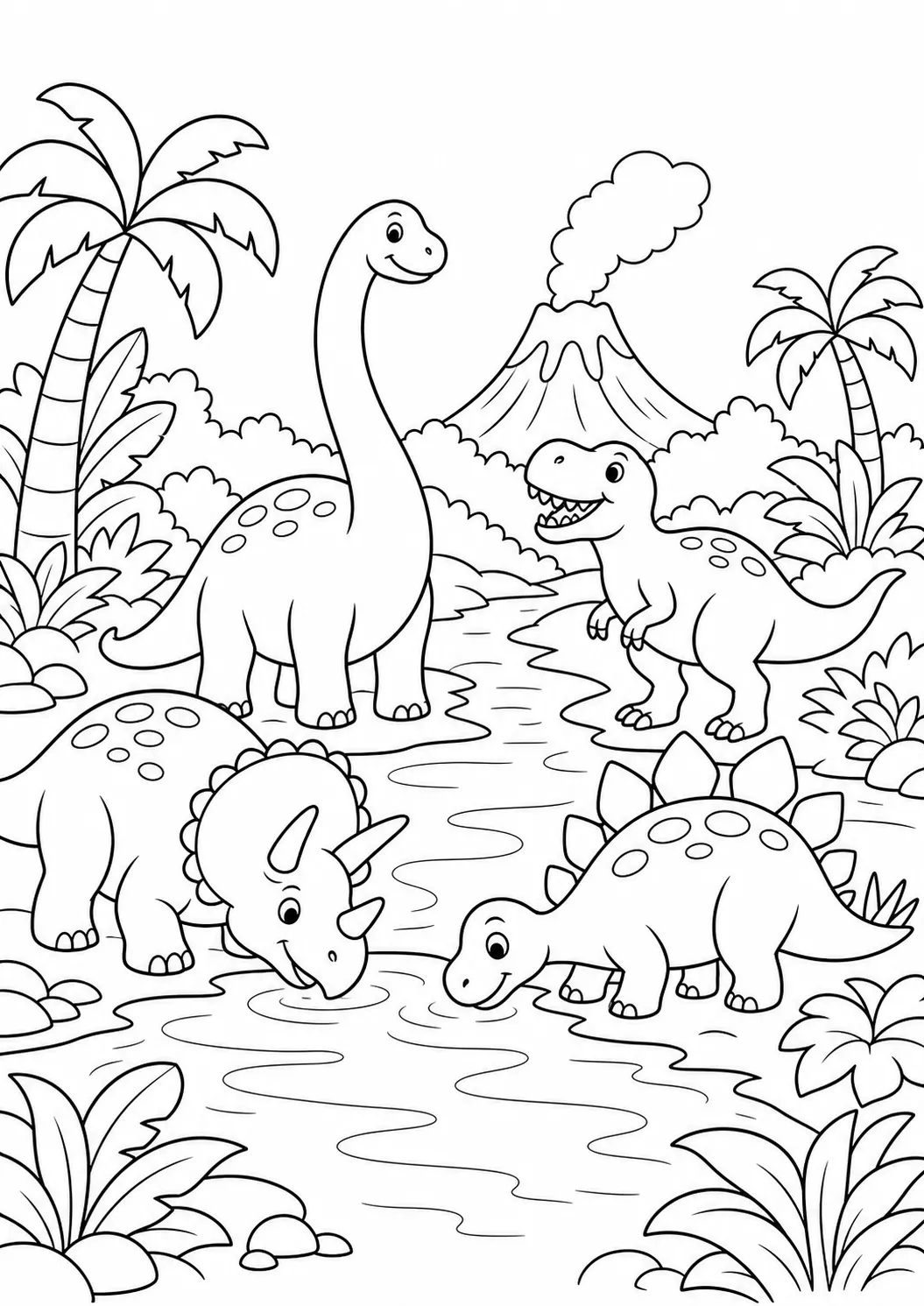 Dinosaur jungle river valley free printable dinosaur coloring page