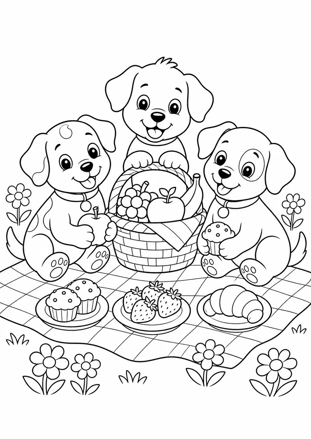 Dog friends picnic free printable dog coloring page