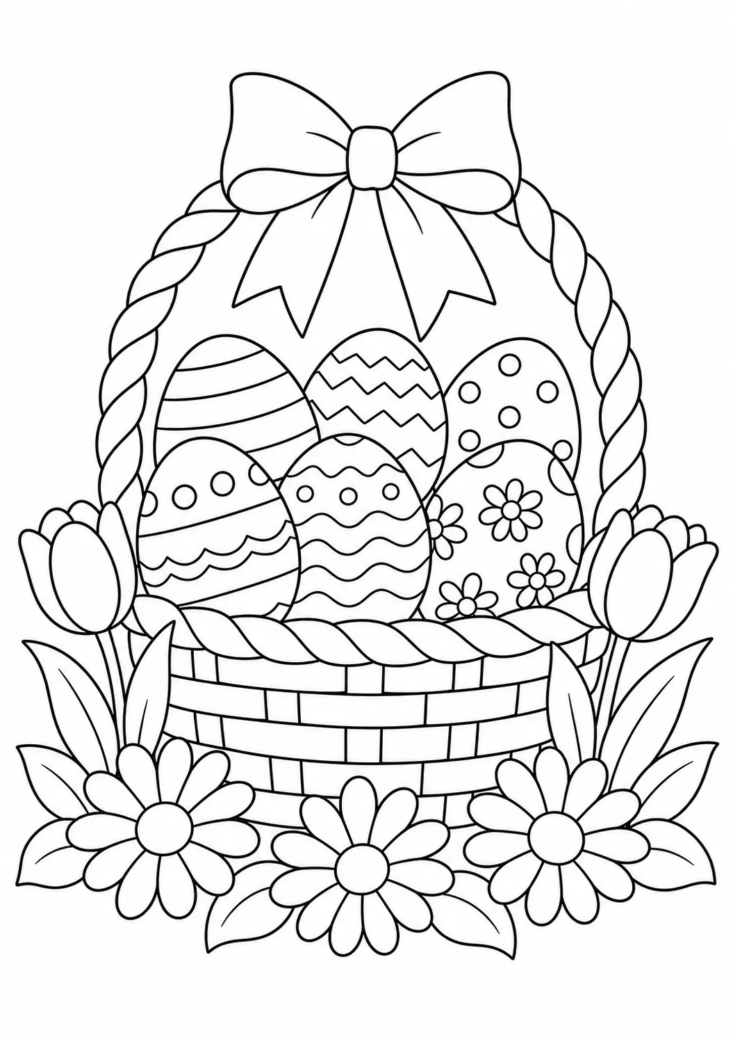 Coloriage de Pâques gratuit à imprimer : panier de fleurs et d'œufs