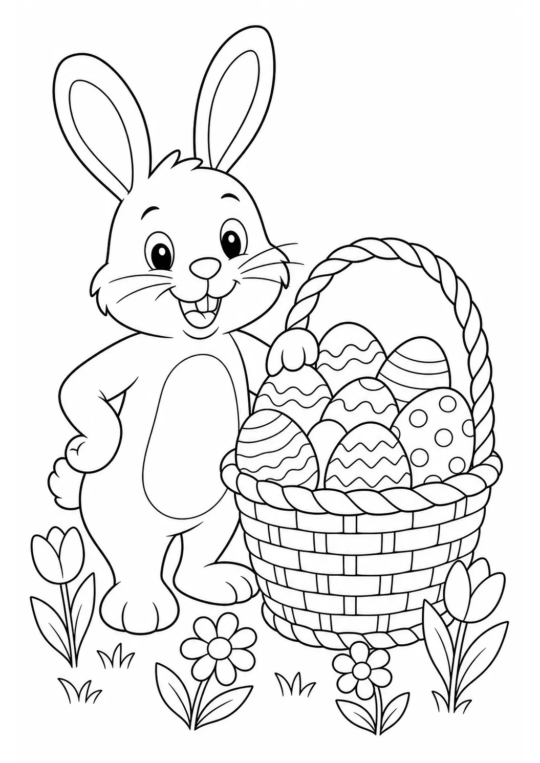 Coloriage de Pâques gratuit à imprimer : lapin et panier d'œufs