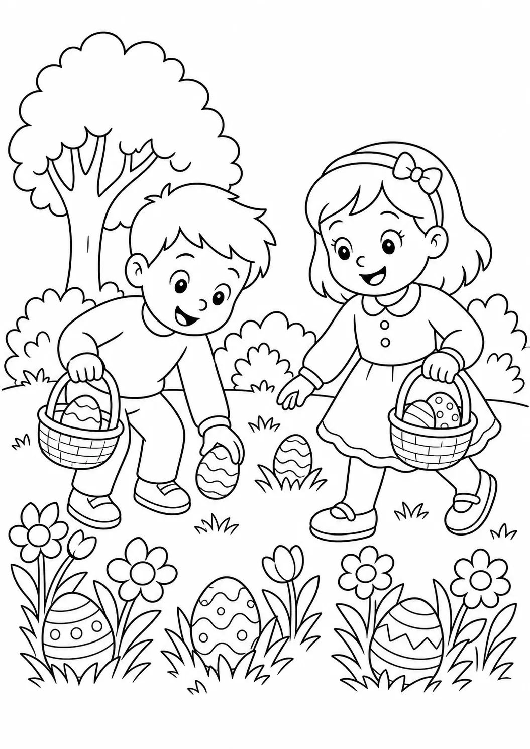 Coloriage de Pâques gratuit à imprimer : chasse aux œufs