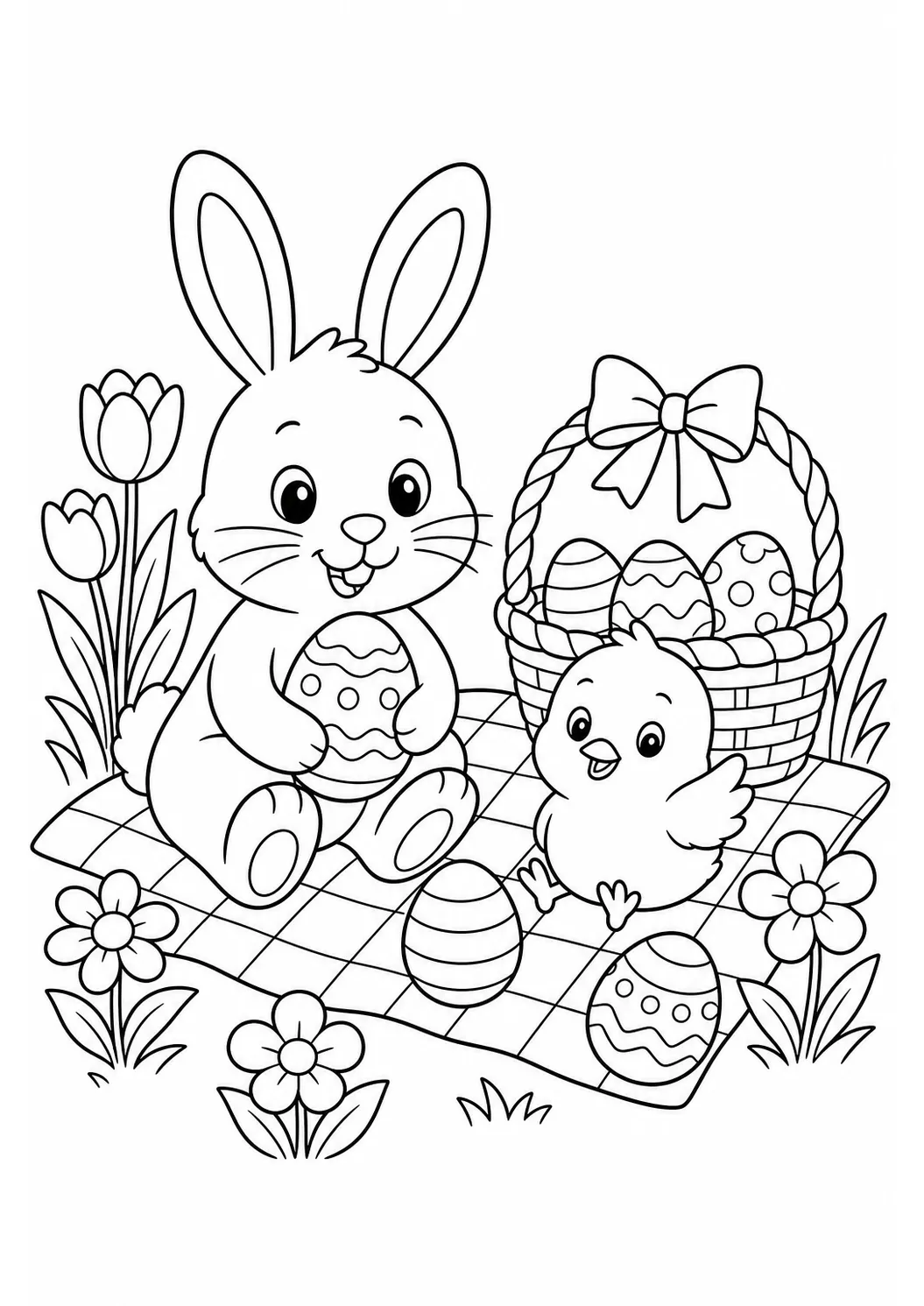 Coloriage de Pâques gratuit à imprimer : pique-nique de Pâques