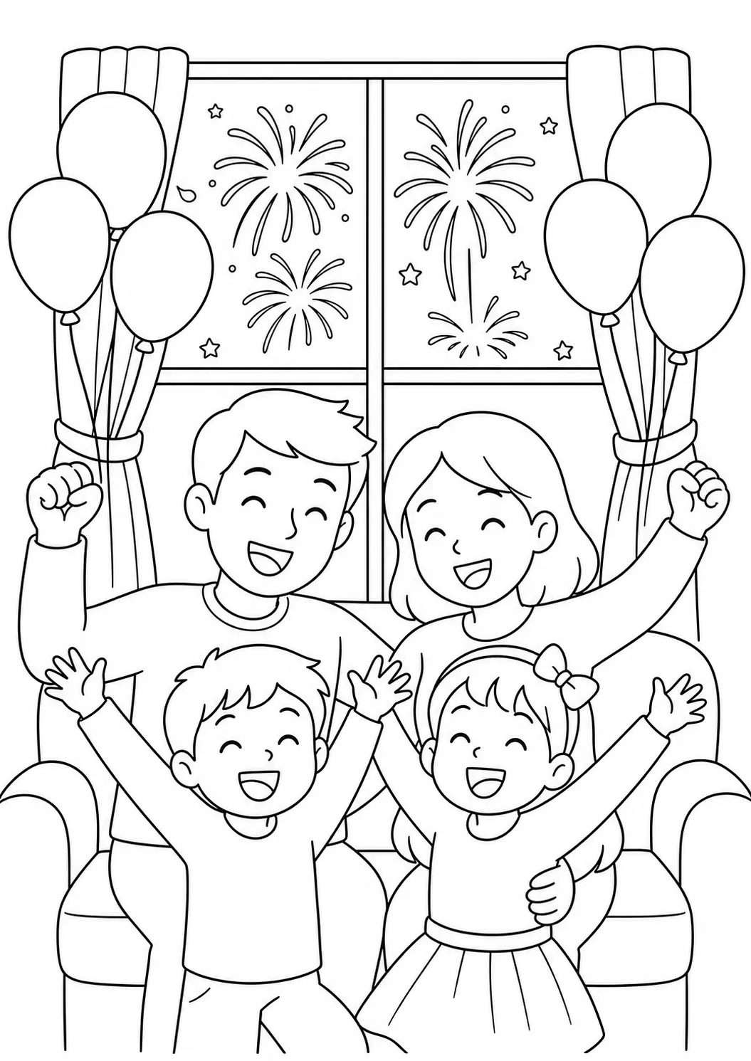 Family New Year Party Free Printable Coloring Page