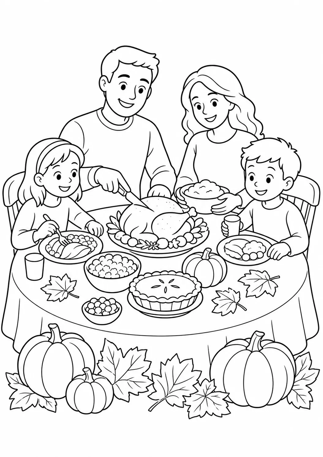 Family Thanksgiving dinner free printable coloring page