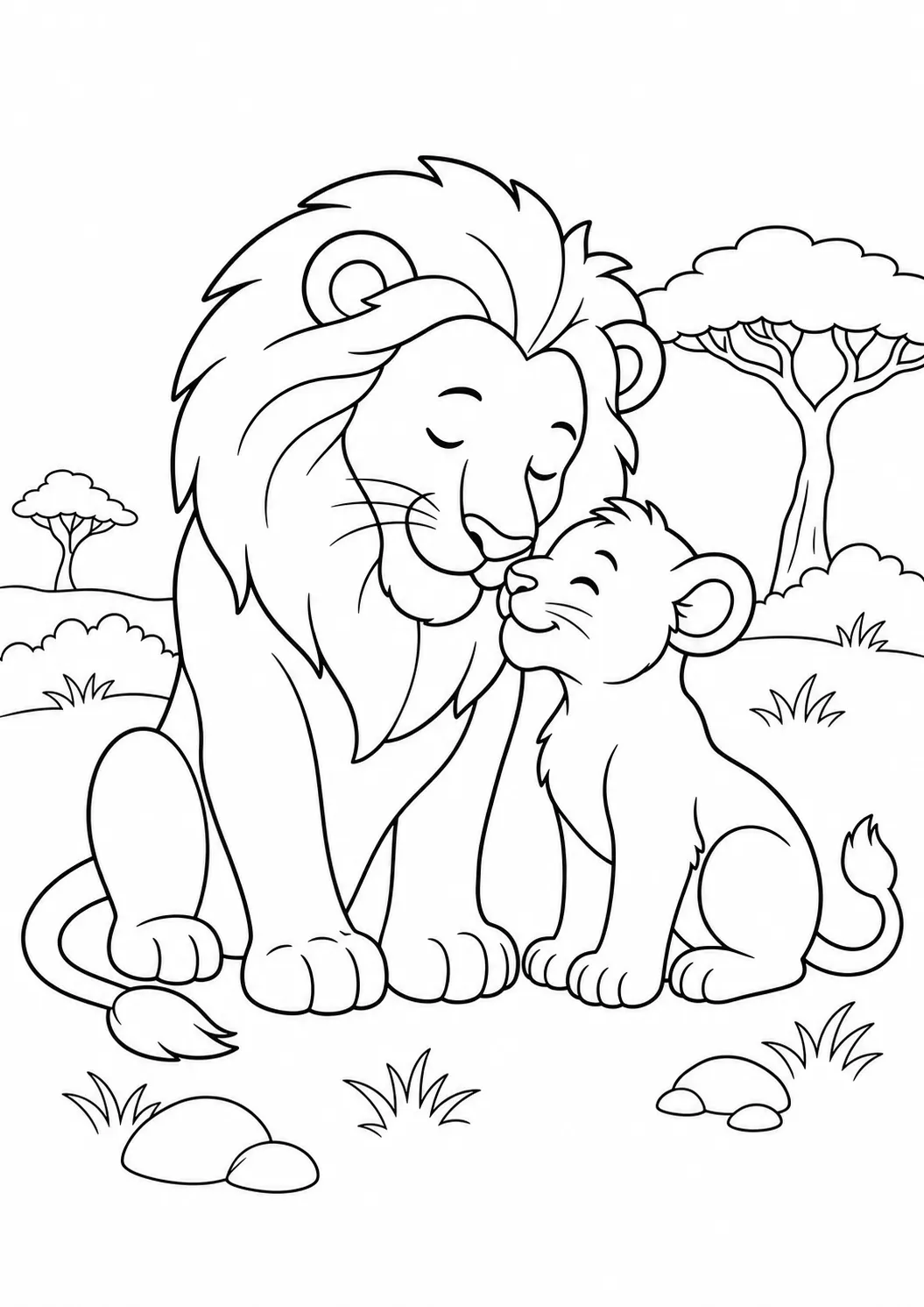 Löwenpapa und Löwenbaby – kostenlose Löwen-Malvorlage zum Ausdrucken