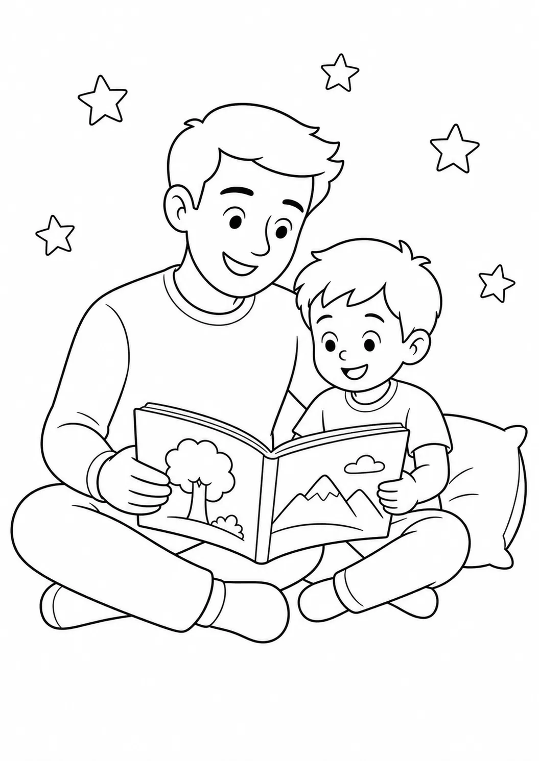 Tranh tô màu Ngày của Cha miễn phí có thể in hình cha đọc sách cùng con
