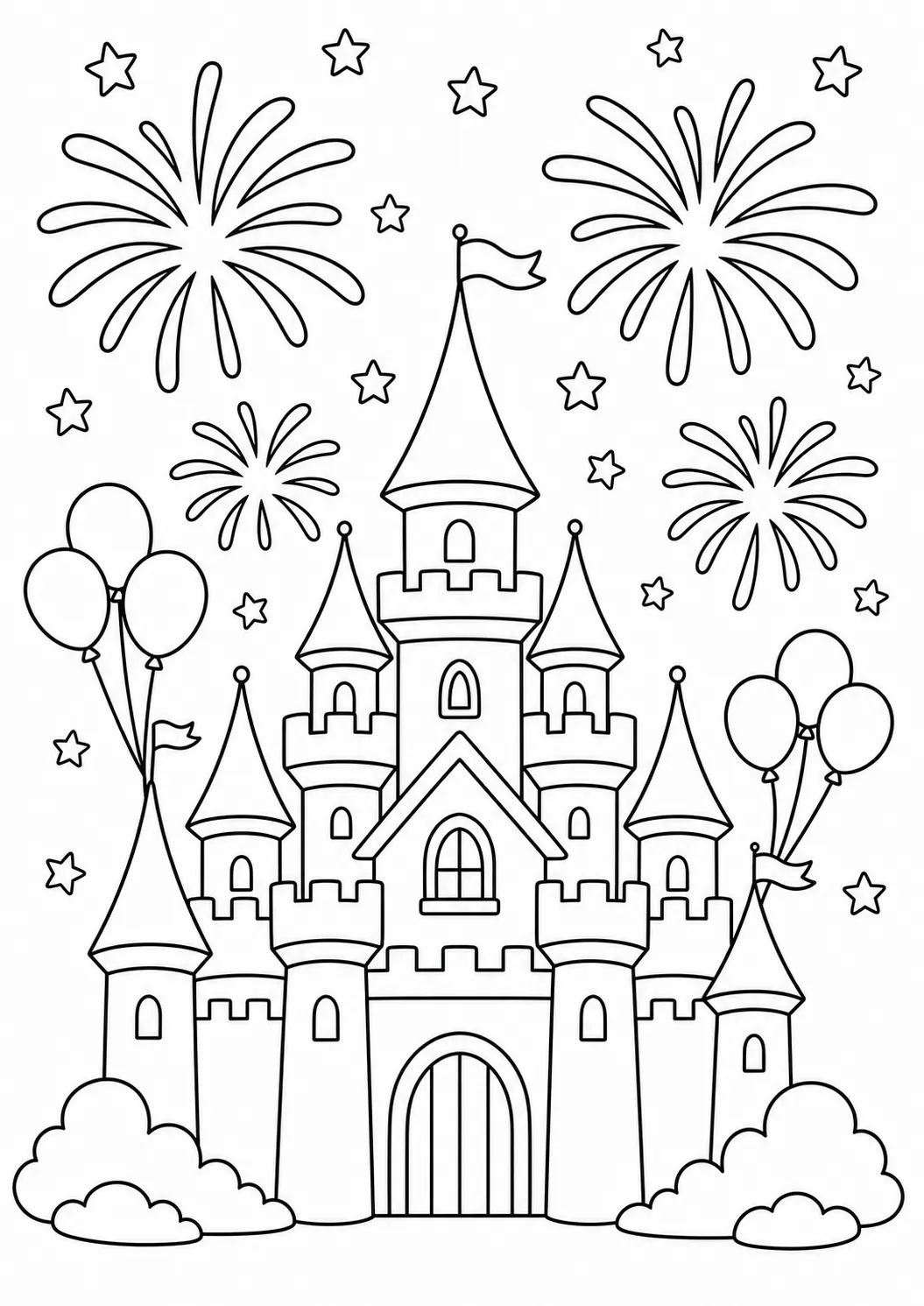 Fireworks Fairy Tale Castle Free Printable Coloring Page
