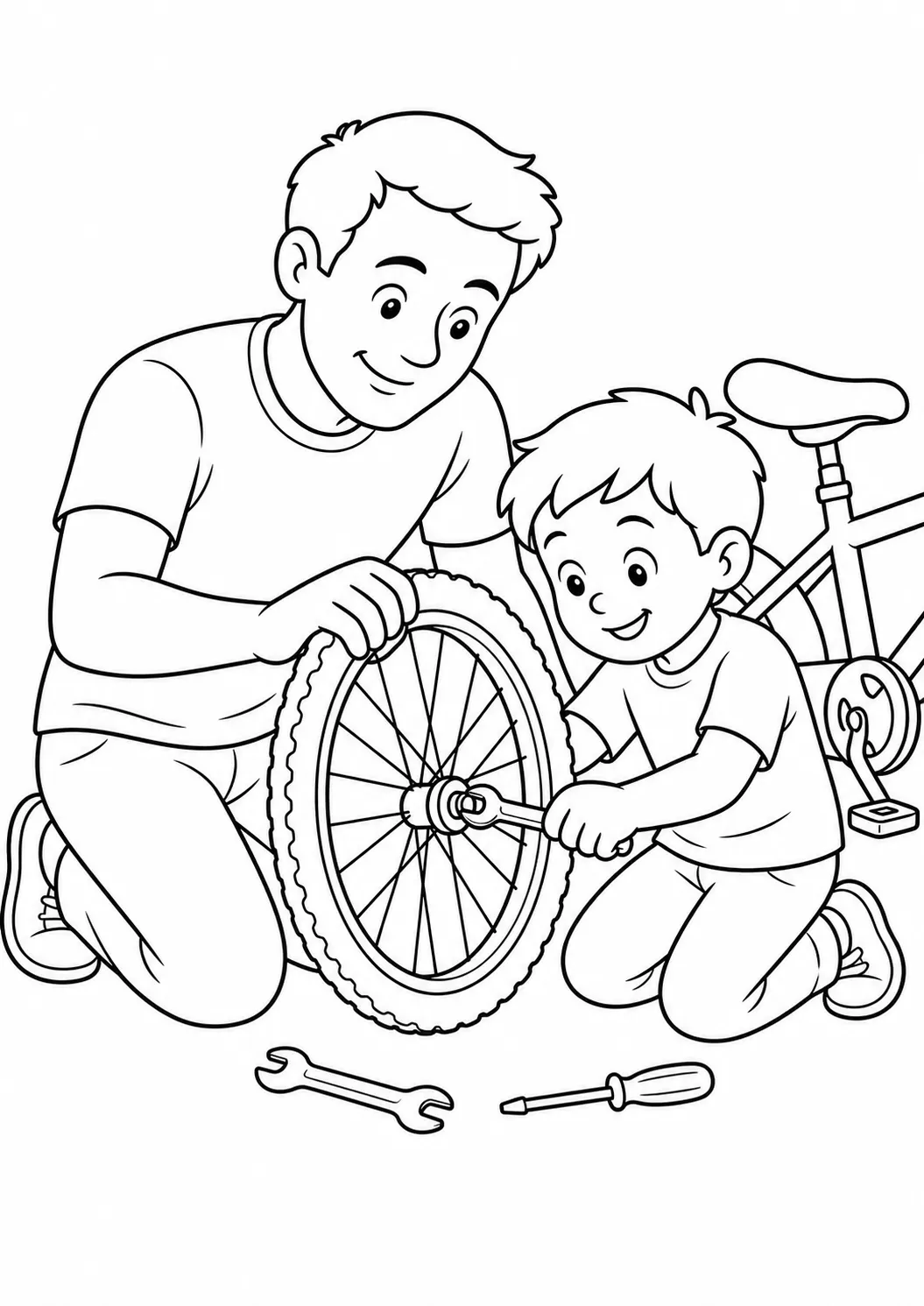Tranh tô màu Ngày của Cha miễn phí có thể in hình cùng cha sửa xe đạp