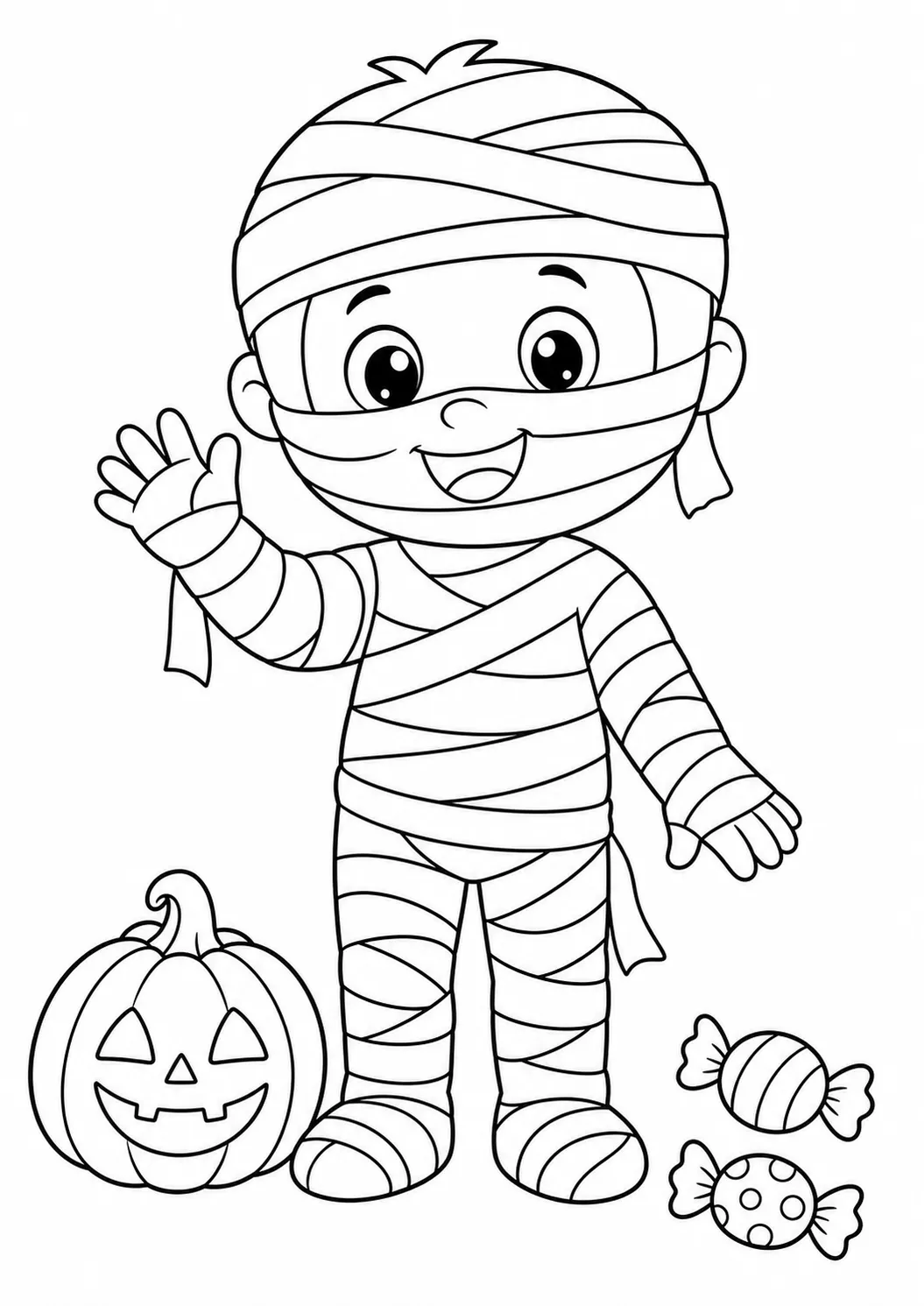 Winkende kleine Mumie – kostenloses druckbares Halloween-Ausmalbild