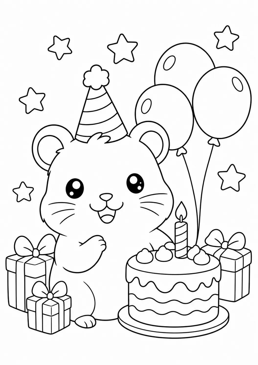 Fiesta de cumpleaños de hámster, dibujo de hámster para colorear e imprimir gratis