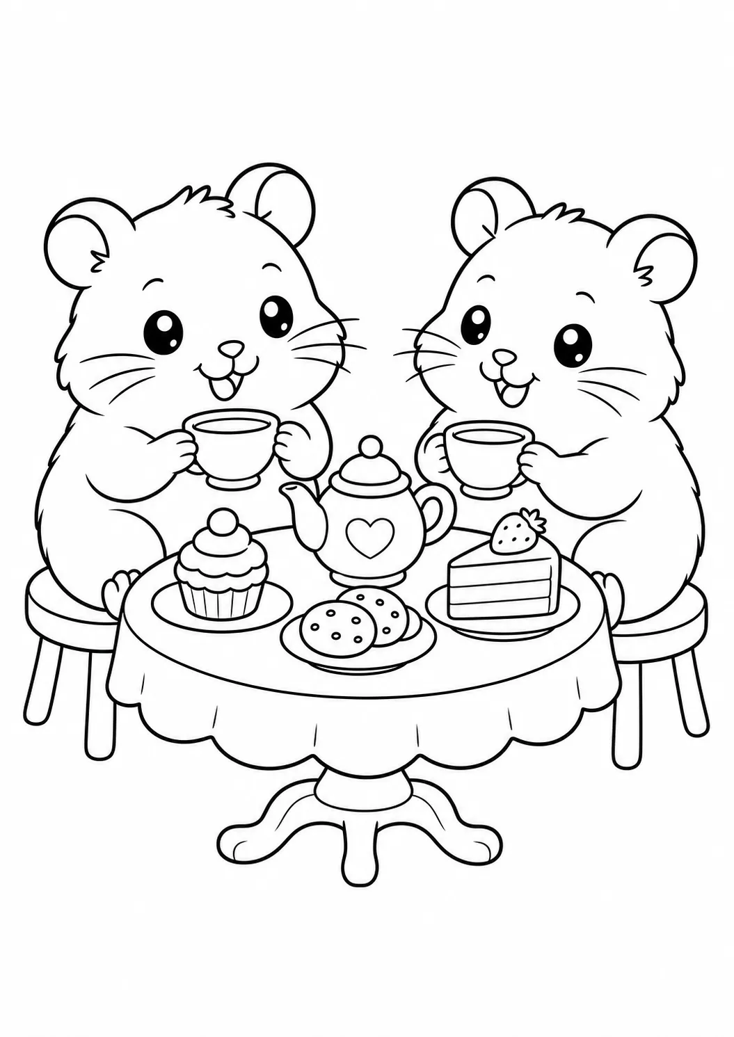 Hora del té de los hámsteres, dibujo de hámster para colorear e imprimir gratis