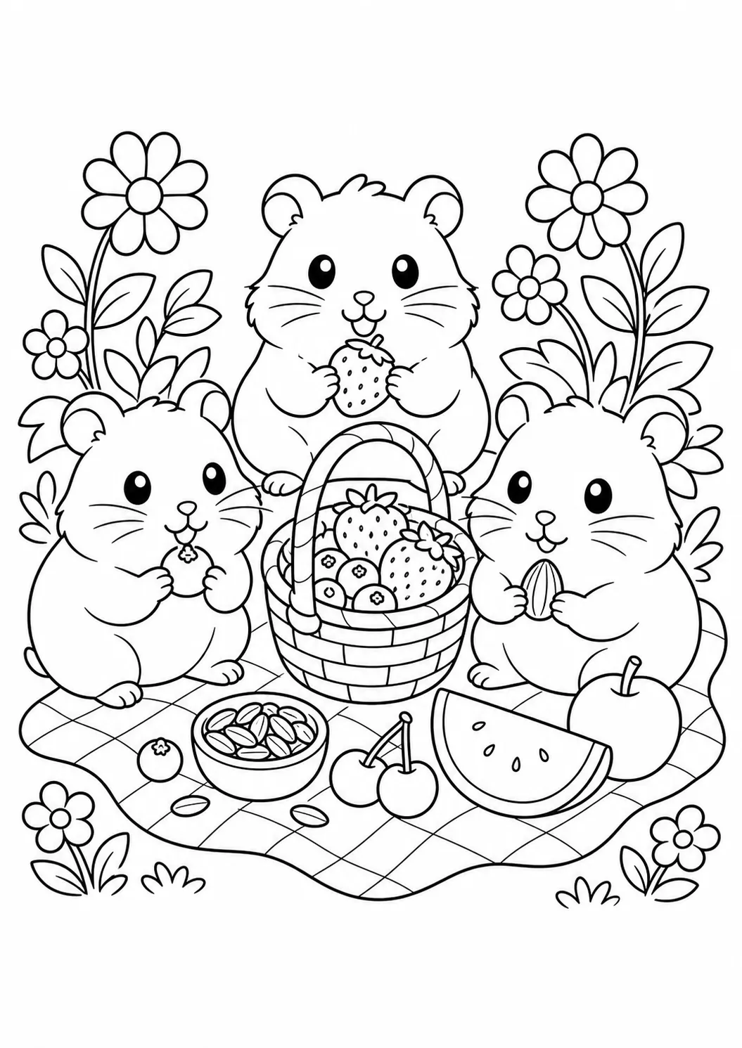 Picnic de hámsteres, dibujo de hámster para colorear e imprimir gratis