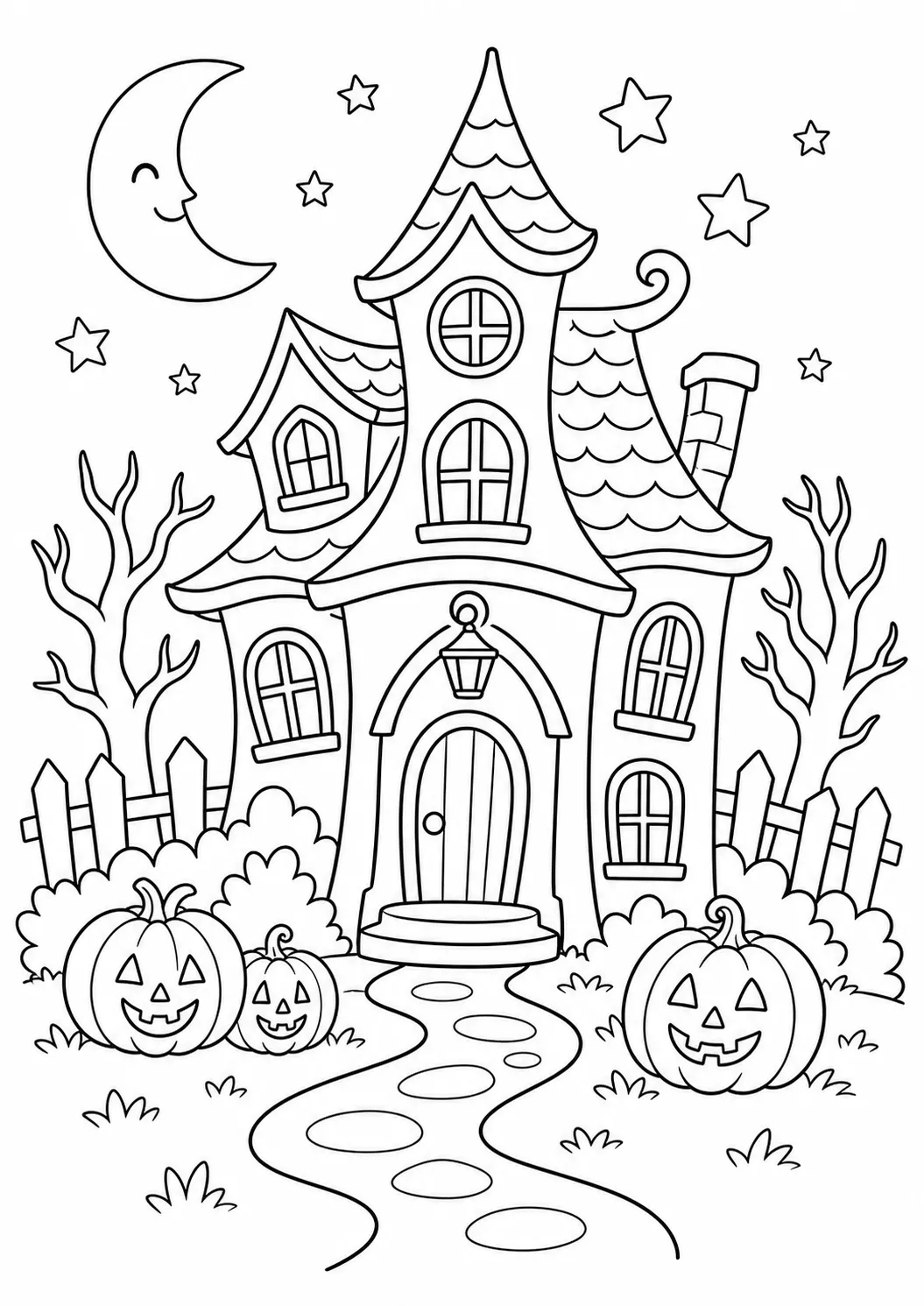 Lustiges Geisterhaus – kostenloses druckbares Halloween-Ausmalbild