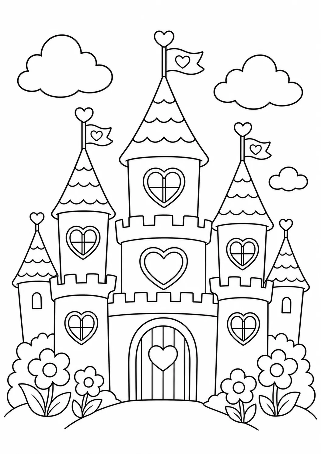 Heart fairy tale castle, free printable Valentine's Day coloring page
