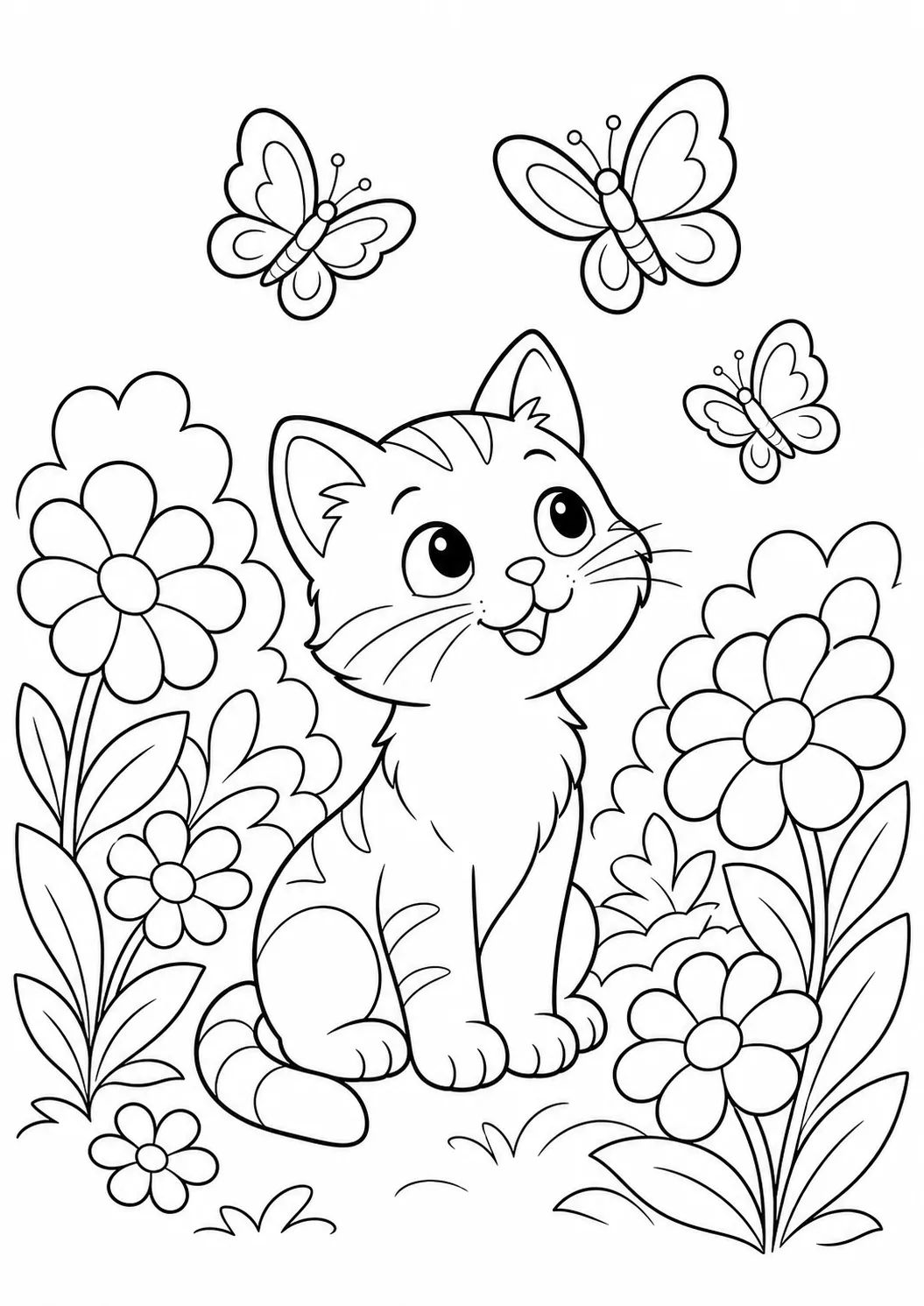 Kitten in a butterfly garden free printable cat coloring page
