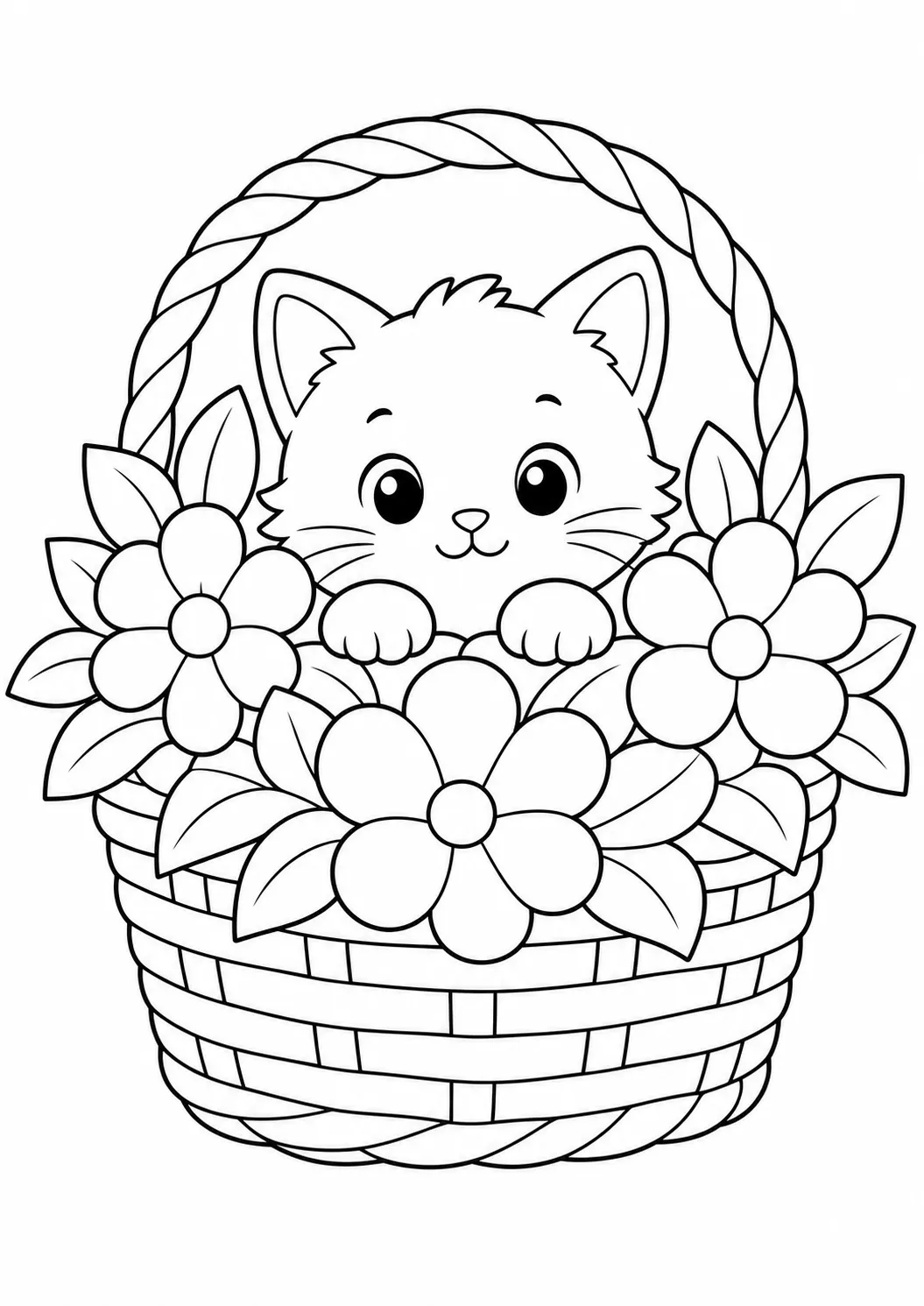 Kitten in a flower basket free printable cat coloring page