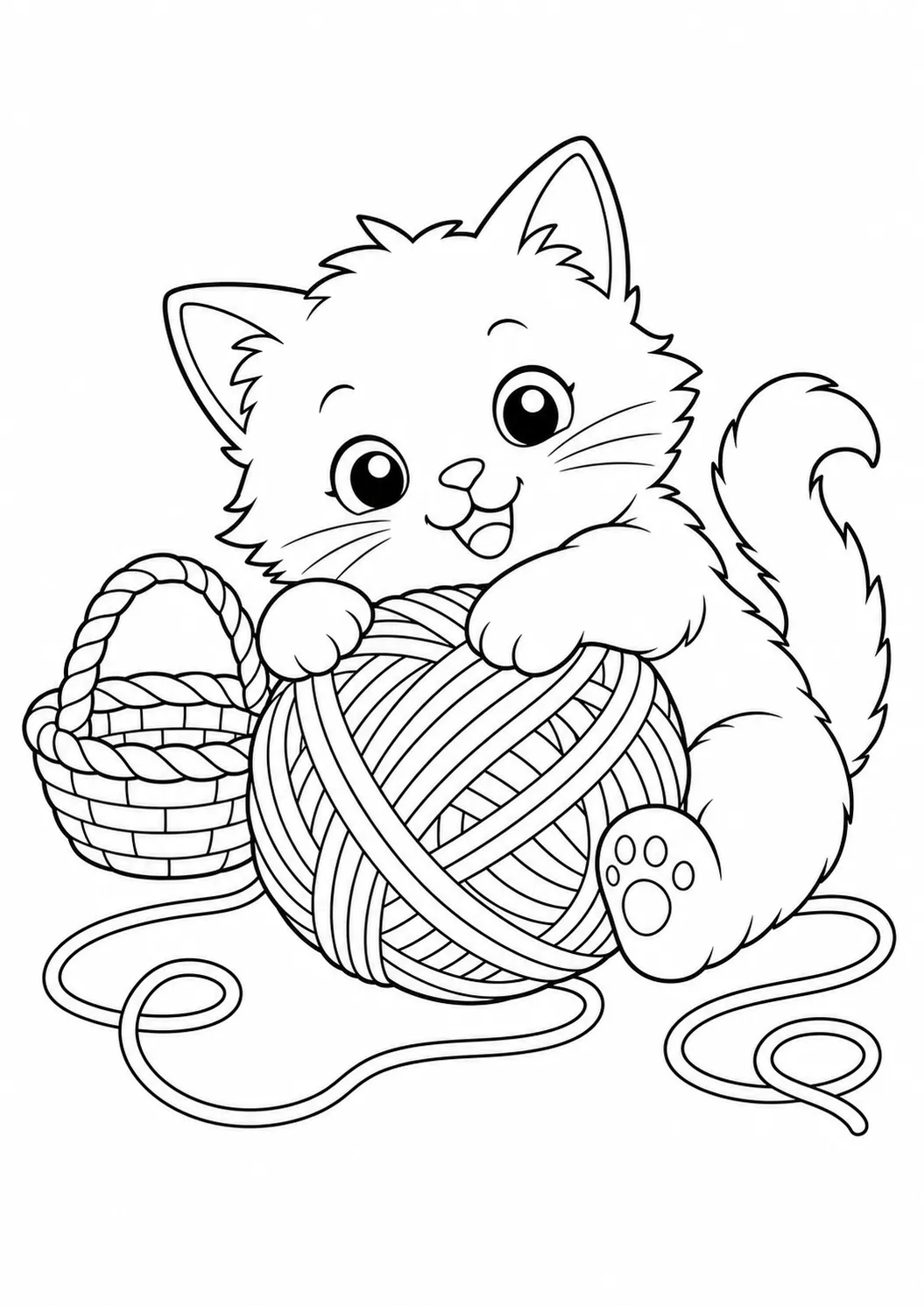 Kitten playing with yarn ball free printable cat coloring page