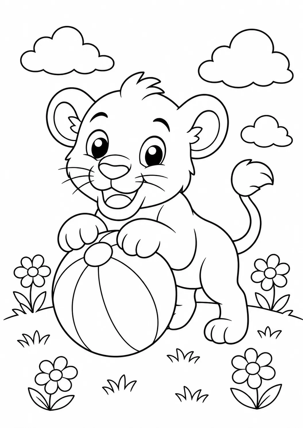 Löwenbaby spielt mit einem Ball – kostenlose Löwen-Malvorlage zum Ausdrucken