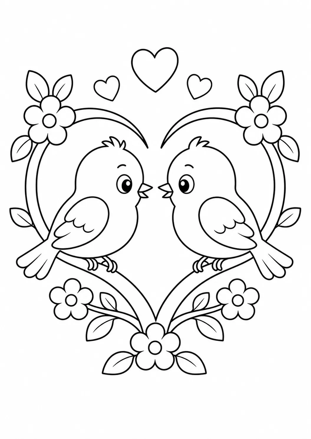 Heart birds, free printable Valentine's Day coloring page