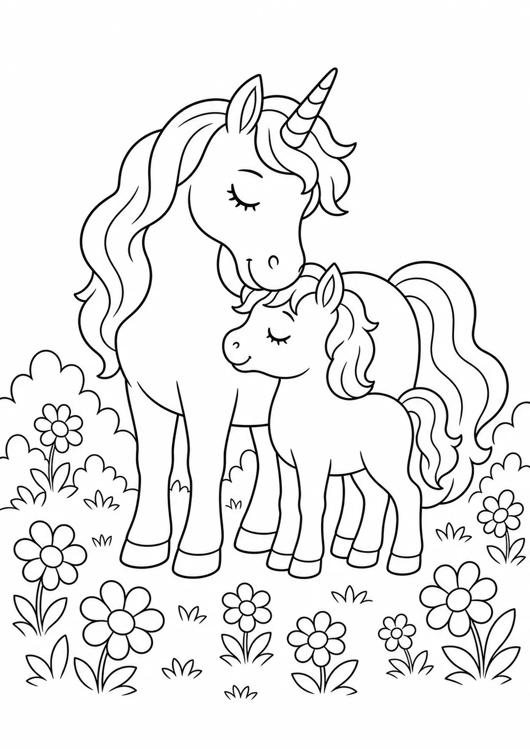 Unicorn Mom and Baby free printable unicorn coloring page