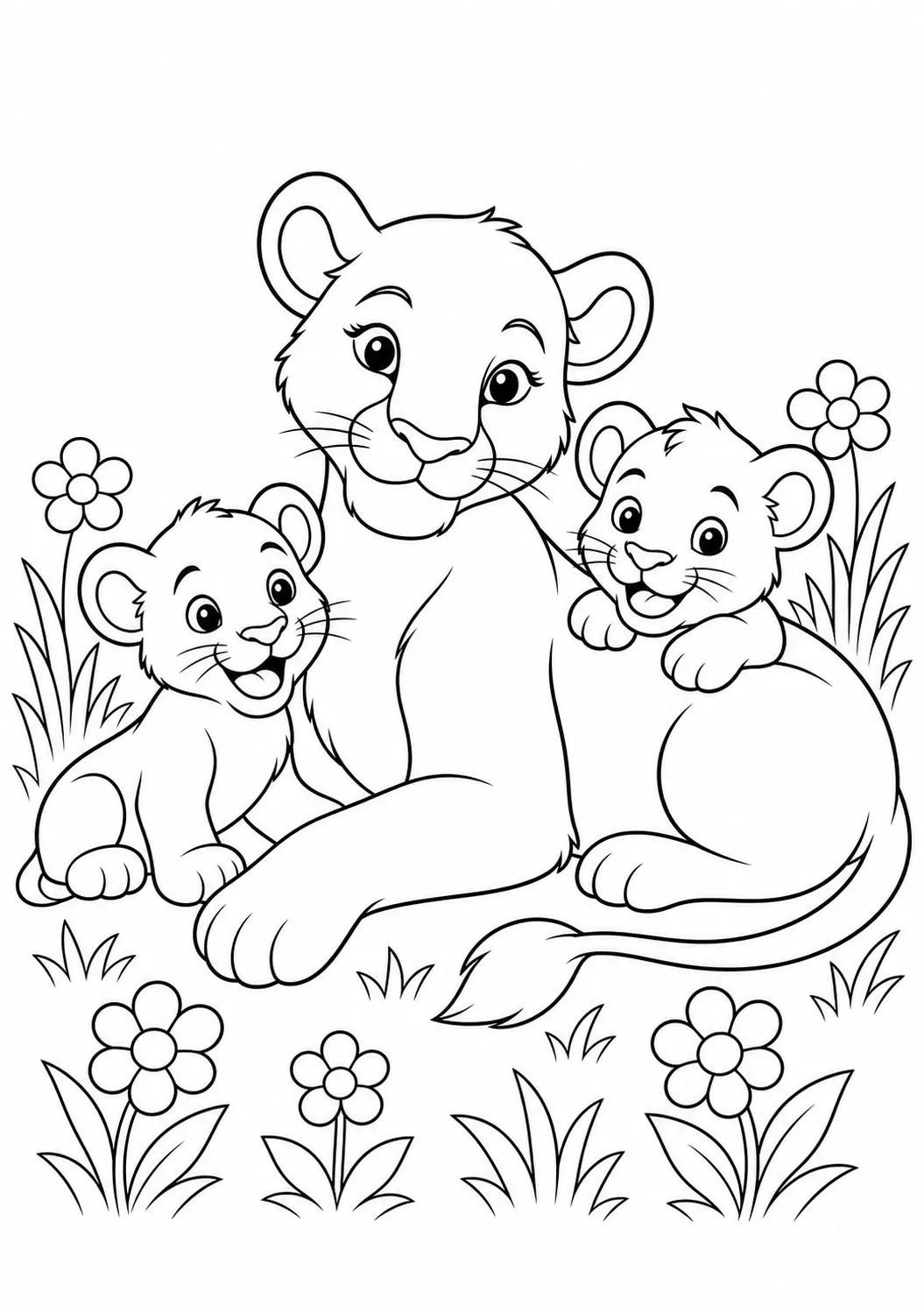 Löwenmama und ihre Babys – kostenlose Löwen-Malvorlage zum Ausdrucken