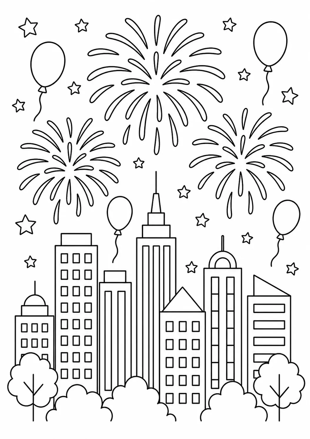 New Year City Fireworks Free Printable Coloring Page
