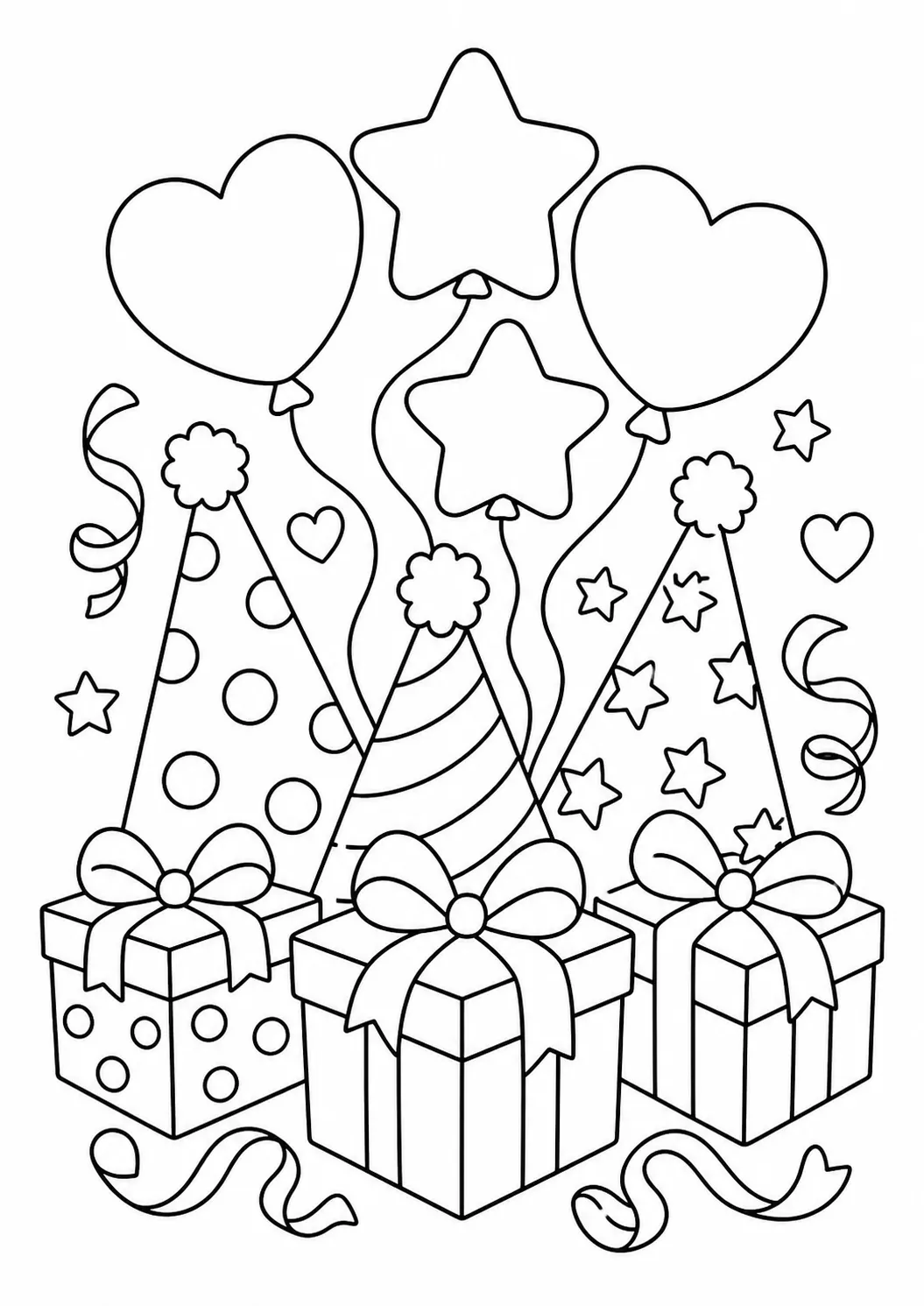 Party Hats and Balloons Free Printable Coloring Page