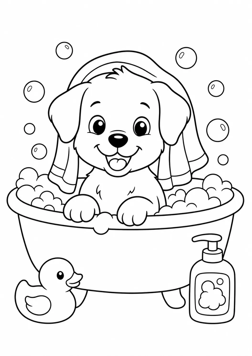 Puppy bath time free printable dog coloring page