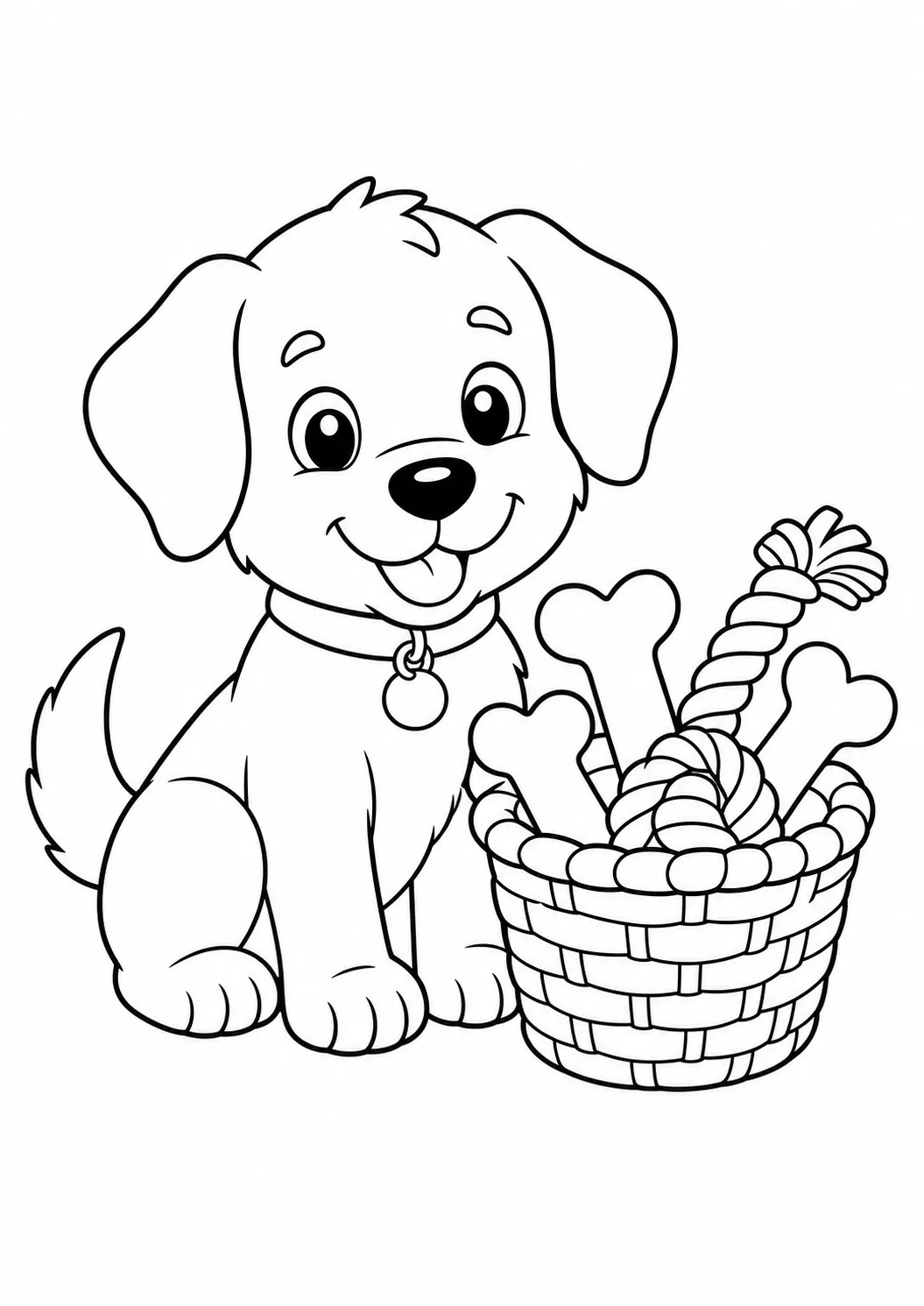 Puppy with a bone basket free printable dog coloring page