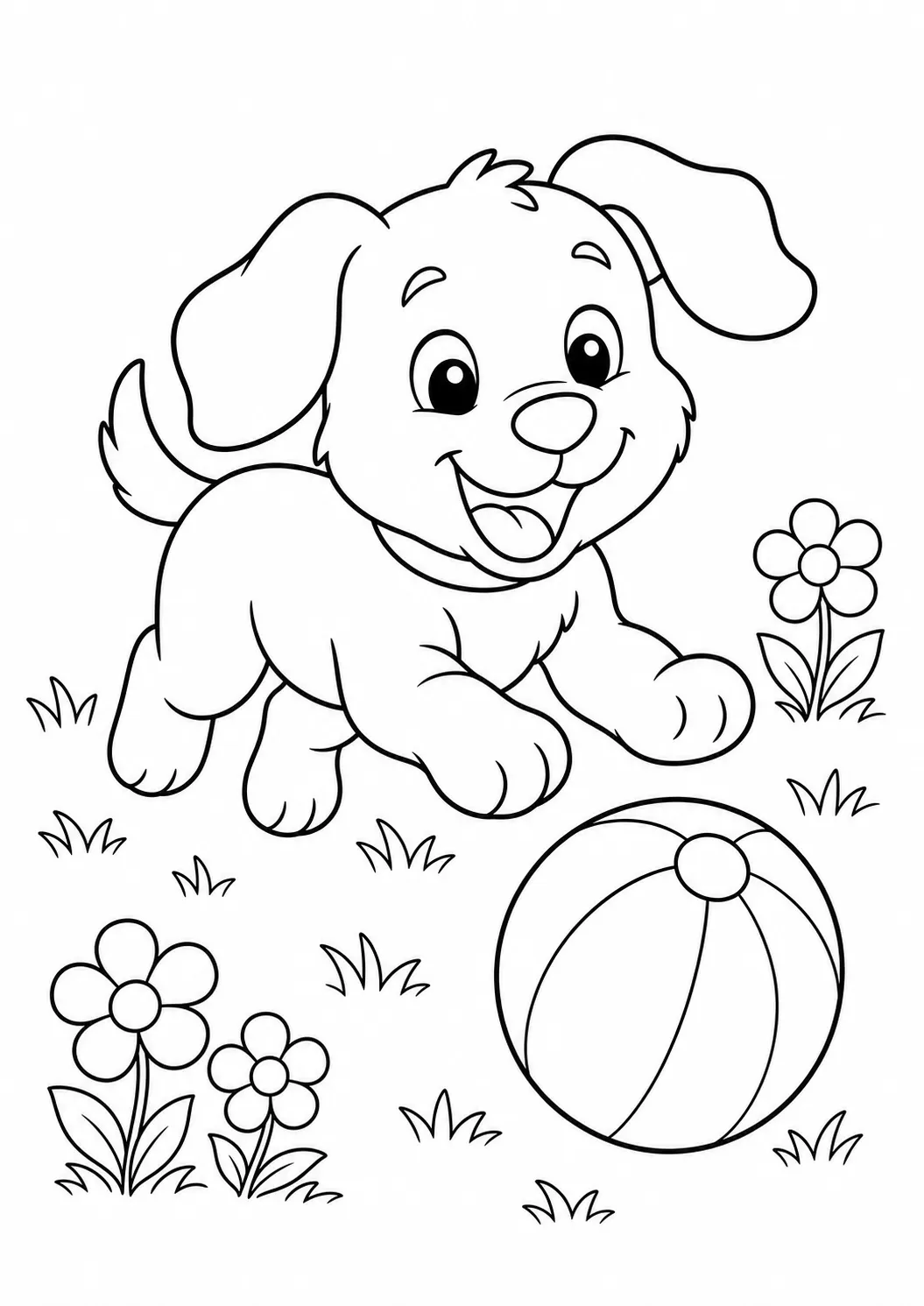 Puppy playing with a ball free printable dog coloring page