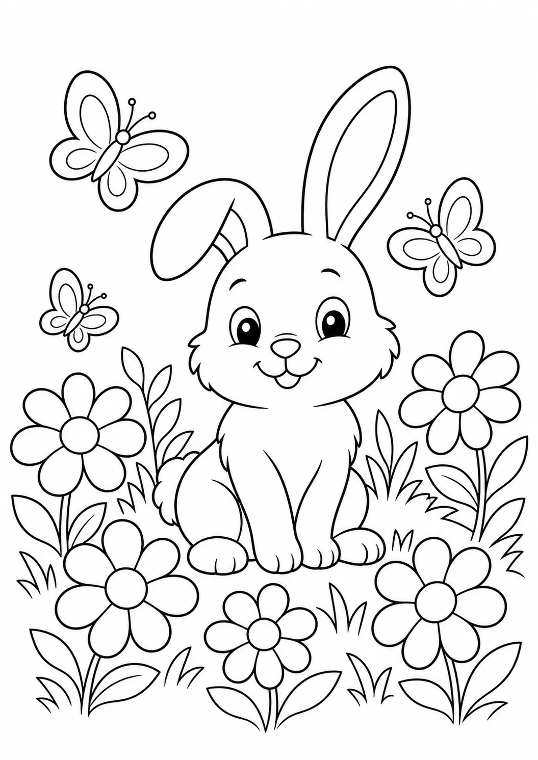 Rabbit in Flowers free printable rabbit coloring page