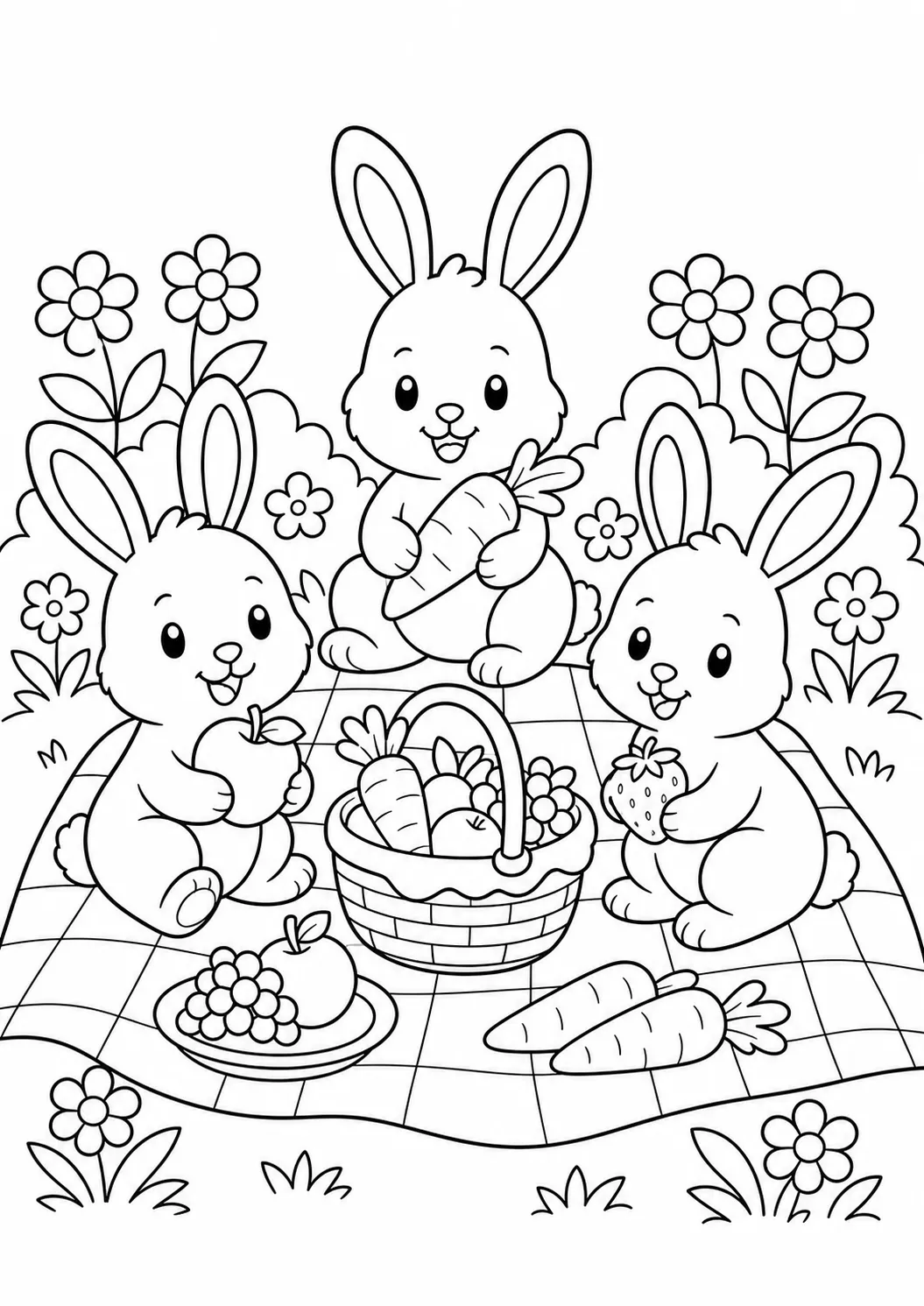 Rabbit Friends Picnic free printable rabbit coloring page