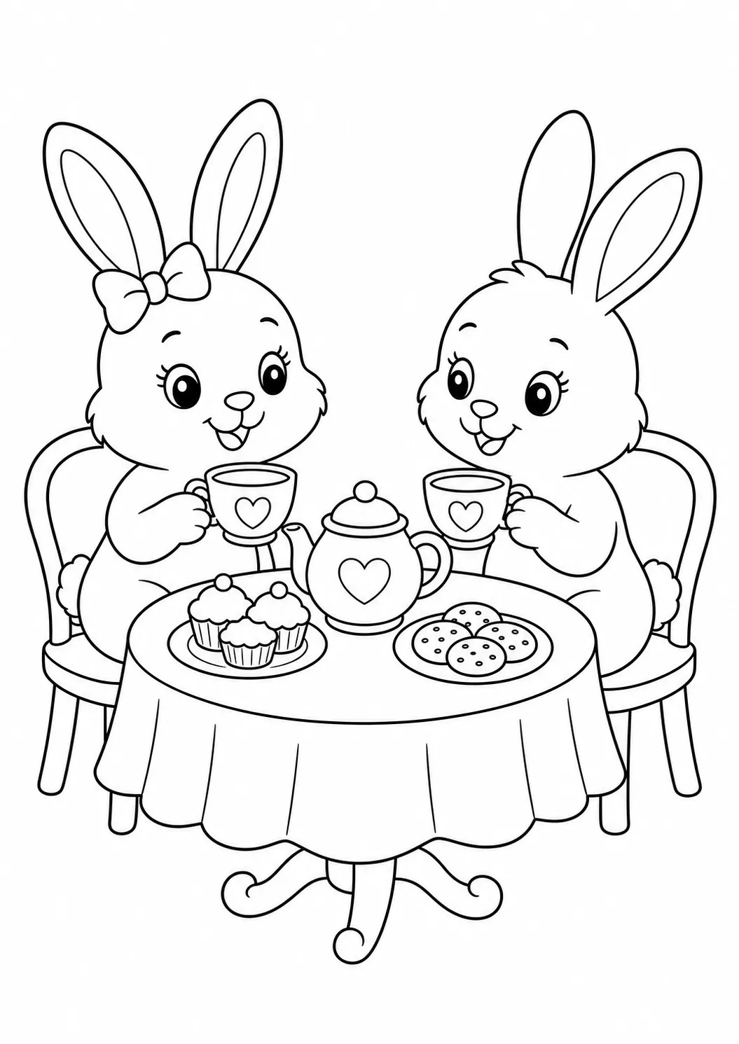 Rabbit Afternoon Tea free printable rabbit coloring page