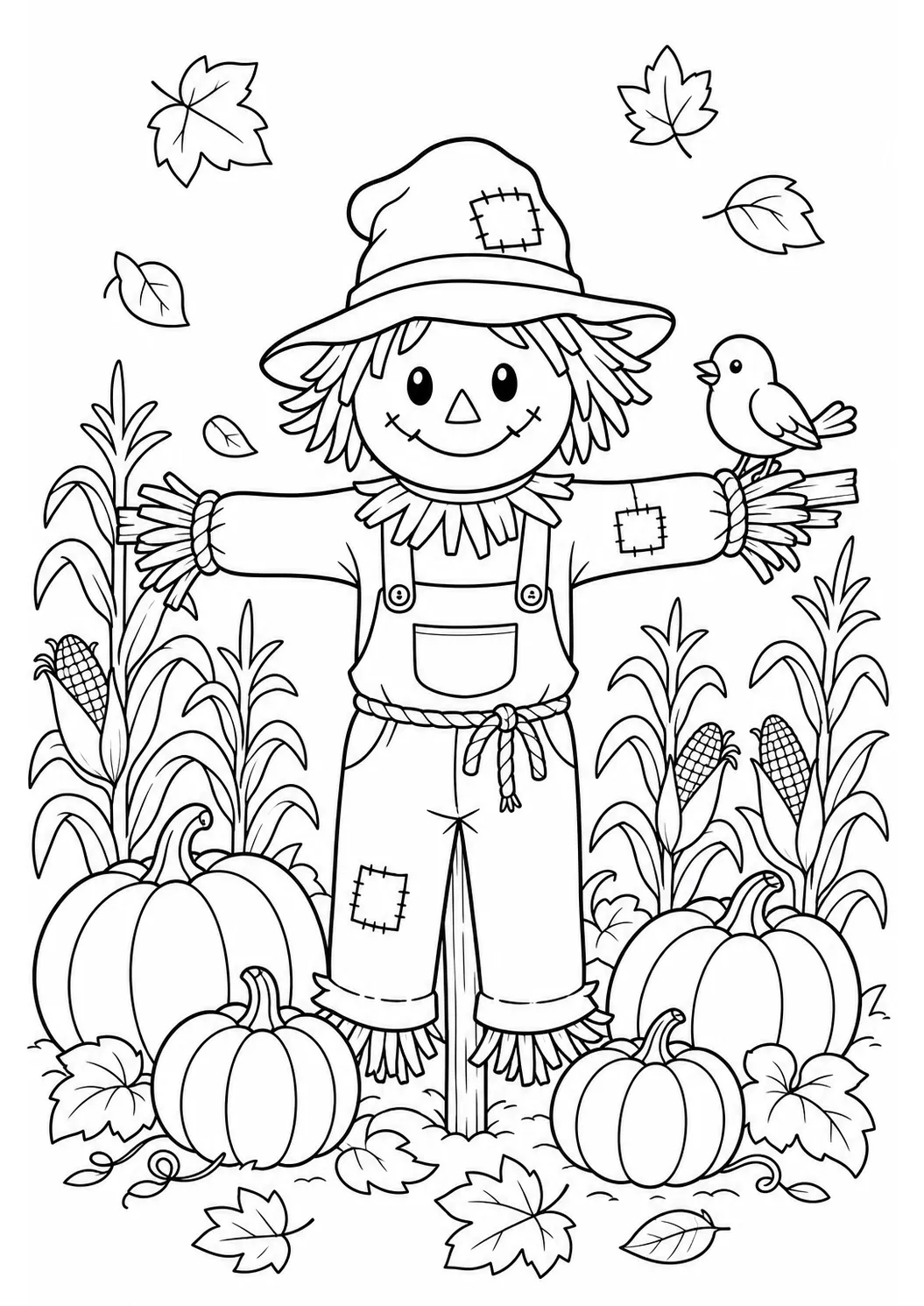 Scarecrow and pumpkin patch free printable coloring page