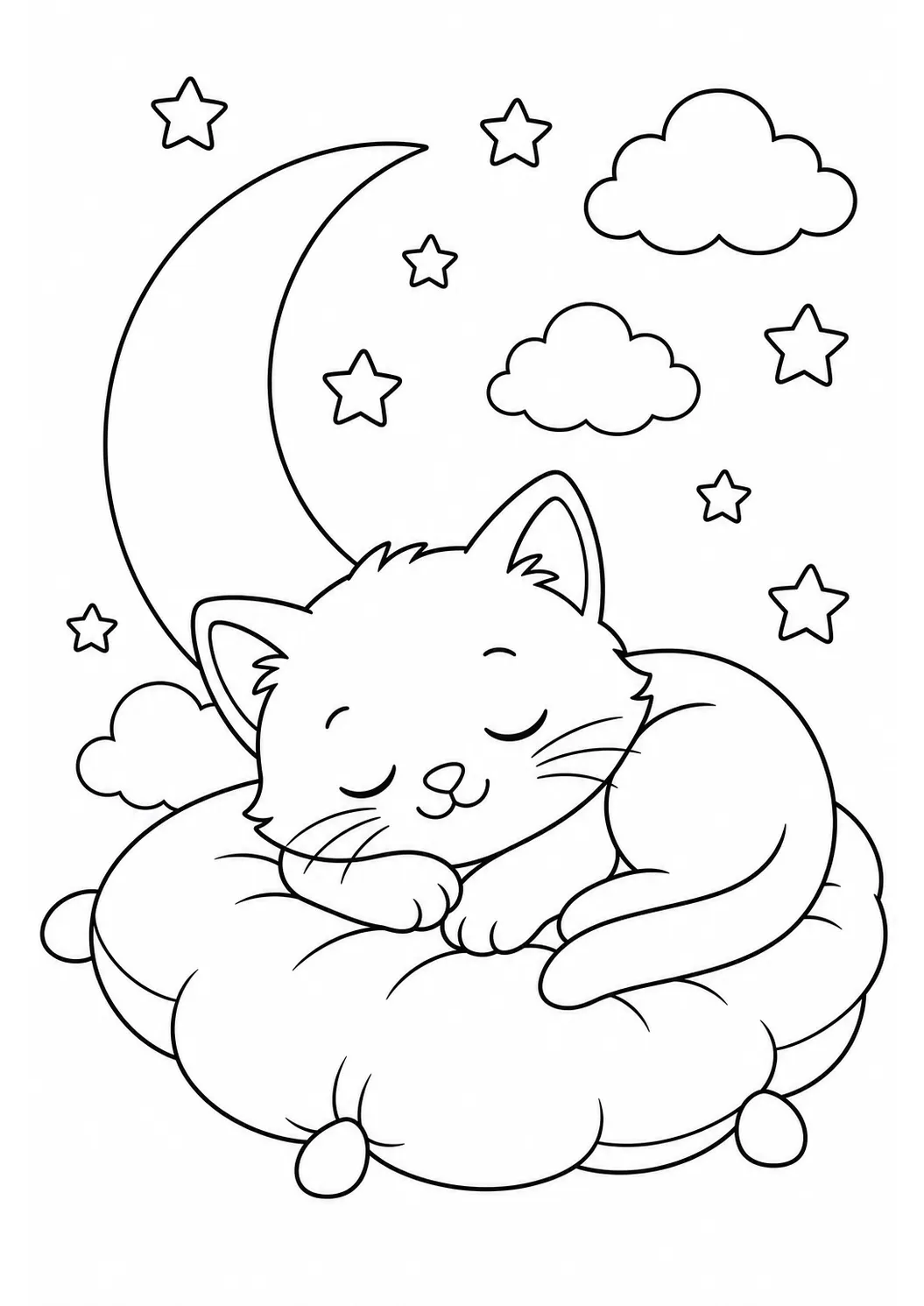 Kitten sleeping under the moon free printable cat coloring page