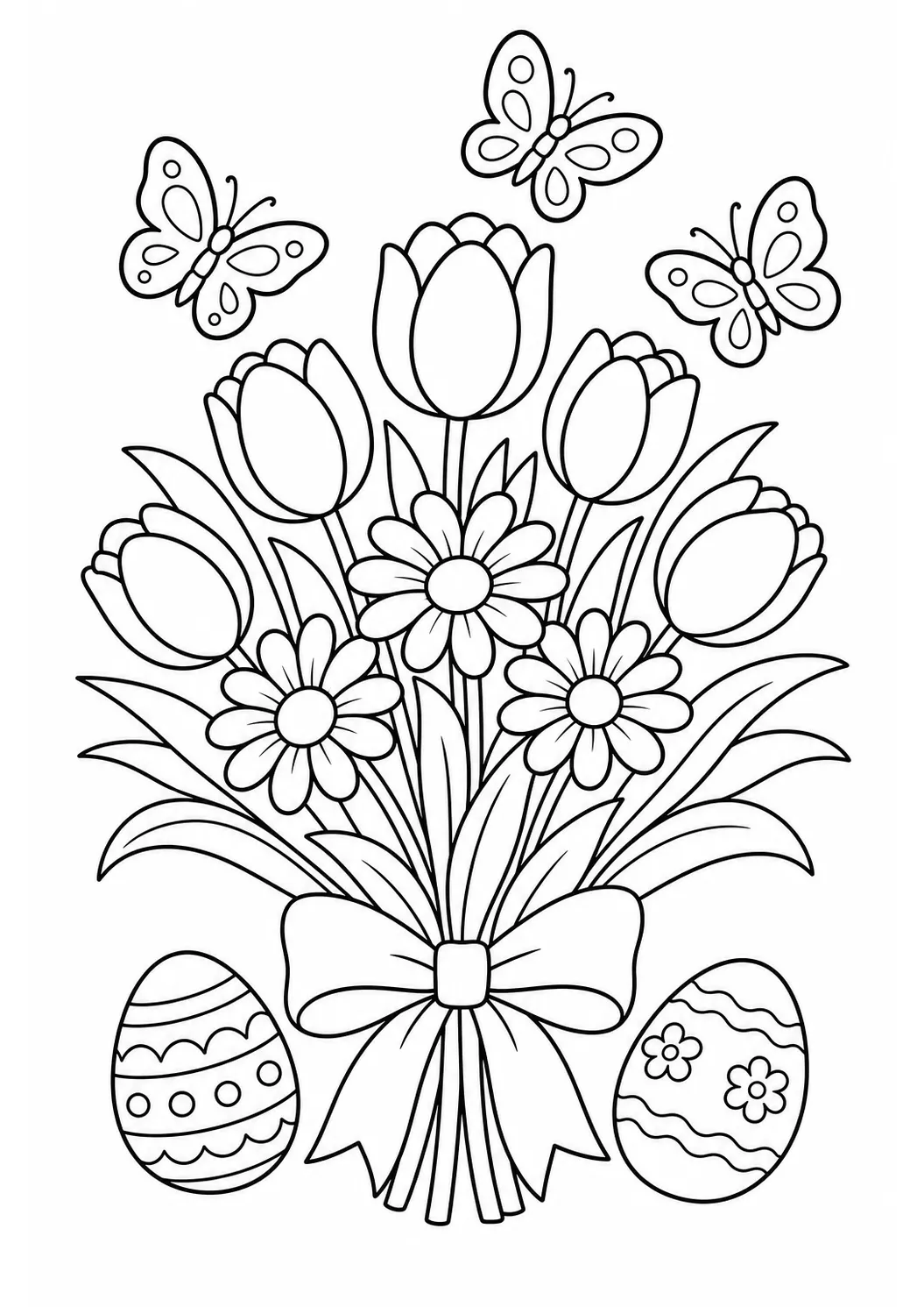 Coloriage de Pâques gratuit à imprimer : fleurs et papillons