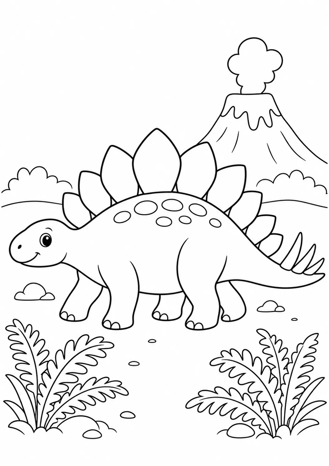 Stegosaurus and volcano free printable dinosaur coloring page